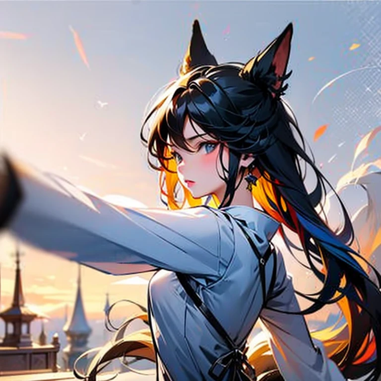 One Girl, Fox Girl, Fox's Tail, Nine-Tailed Fox,Fox Ears, Black colored hair, Fox Makeup,One Girl, Kimono with open chest, Body size is 100-70-90!, Nice body, Avatar, face, Open chest, lewd face, Dominant representation, naughty face, Big Breasts, Emphasize cleavage,Show bare skin, Skin is visible, With legs apart, Show off your thighs, M-shaped legs, A beautifully patterned kimono,Red and black flowing water pattern kimono, I can see her cleavage, Muscular, Uplifting, Abdominal muscles, Exposed skin, Long Hair, Skin Texture, Soft breasts, Large Breasts, Standing in a grassy field, outside, Blue sky,Composition facing directly ahead, Grab your breasts with both hands, Fingers digging into breasts, Developmental atmosphere, god秘的な絵, god々Cool atmosphere, Holding a Japanese sword