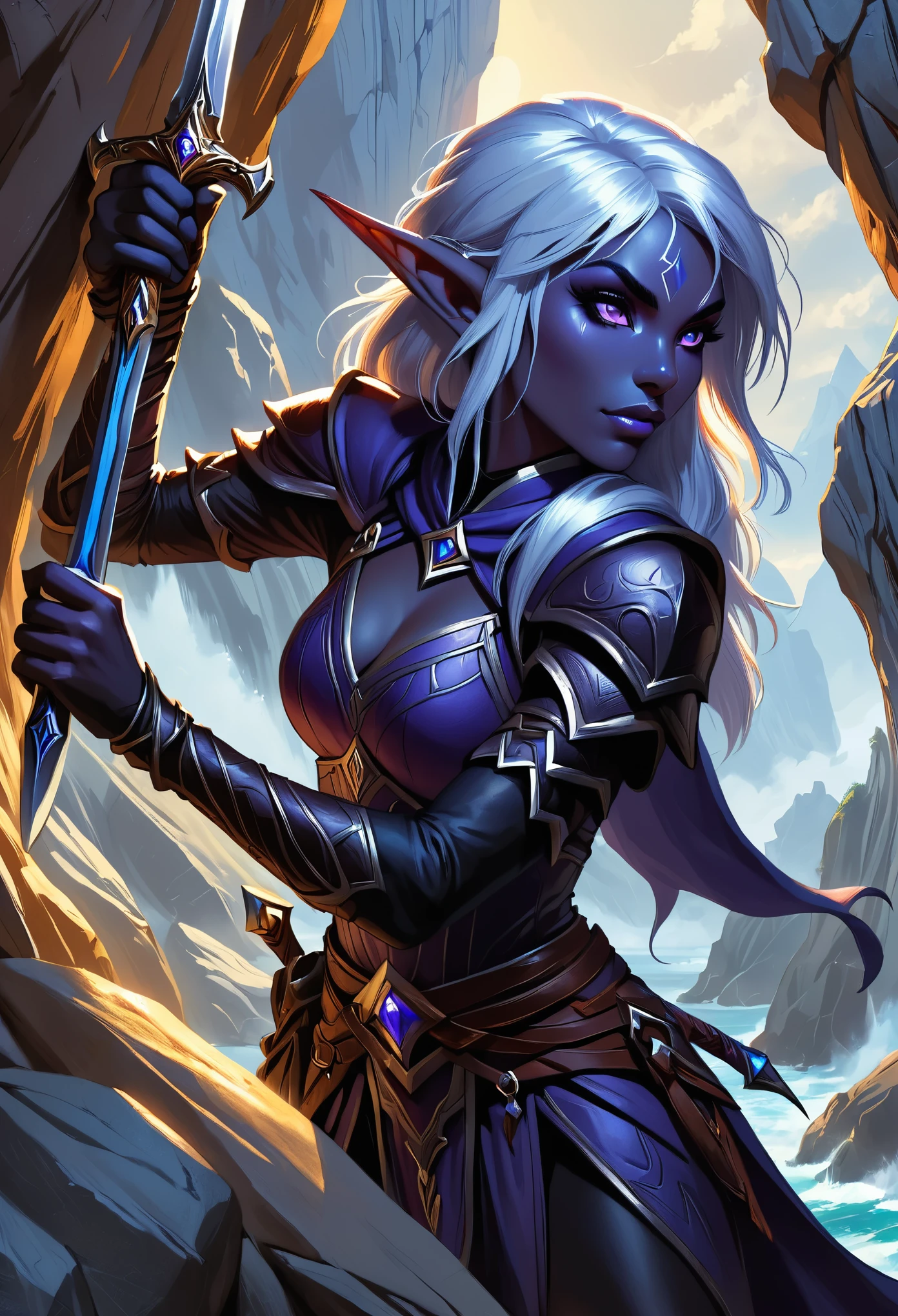 Close-up of a man holding a sword near rocks,rock climbing，clamber， Noah Bradley (Noah Bradley) Inspiring Portraits, cg Social Hotspot, Fantasy Art, Drow, Drow ranger, female Drow elf, perfect Drow, handsome Drow, Dark Elves maiden, Dark Elves, Portrait of Drizzt Durden, male Drow, Dark Elves princess