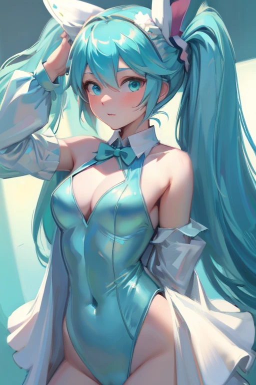 masterpiece, high resolution, perfect, beautiful, hatsune miku, cute pose, close up, halfbody, bunny suit
