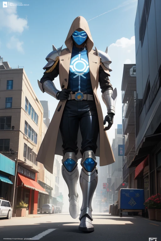 ((best quality)), ((masterpiece)), (detailed), 1 boy in a trench coat standing on a building, full body, 19 years old, masked, white mask covering his entire head and hair, mask, black protective glasses, blue eyes, black face mask, no hair, tall and slender, thin, long beige trench coat, open trench coat showing his emblem, black fingerless gloves, white wristbands, white superhero armor, white chest with emblem, luminous blue "I" letter emblem on chest, blue I-shaped emblem, letter I, black pants, white knee pads, metallic white shoes, superhero belt, nanotechnology in the air, city background, anime