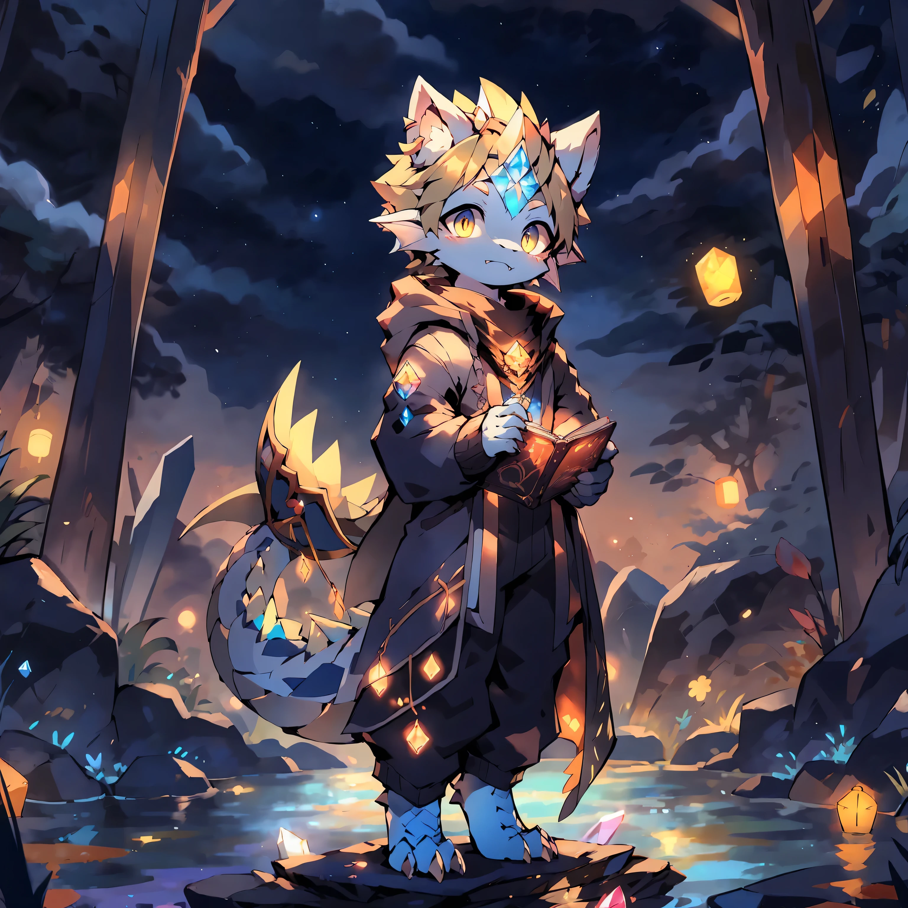 Midnight, Creek, Firefly, Blue Moon, Moonlight, Barbs, Lots of Fine Scales, Starry Sky, Crystal, Dragon Boy, solo, Cub, White Skin, Blonde Hairstyle, Detailed Eyes, Broken Golden Vertical Pupils, Fin Ears, Golden Crystal Sparrows, Astrologer, White-Gold Hooded Sweatshirt, Blue and Black Trench Coat, Golden-Blue Streamers, Blue Pants, Blue and Beige Scarves, Firefly Lanterns, Prismatic Gemstones on the Forehead, Starry Water, Floating Spell Book, Dragon Features, Slender and Slender Fine-Scaled Tail, Crystal Spiked Tail, Slender Golden Crystal Dragon Horns, Golden-Blue Wings, Wingspan, fangs, full body gold and blue crystal scales, larger foot claws, larger hand claws, full body fine scales, more scales, glowing textures, crystal balls, starlight, magic balls, magic lighting, surrounding, Starry sky tattoo, star motif