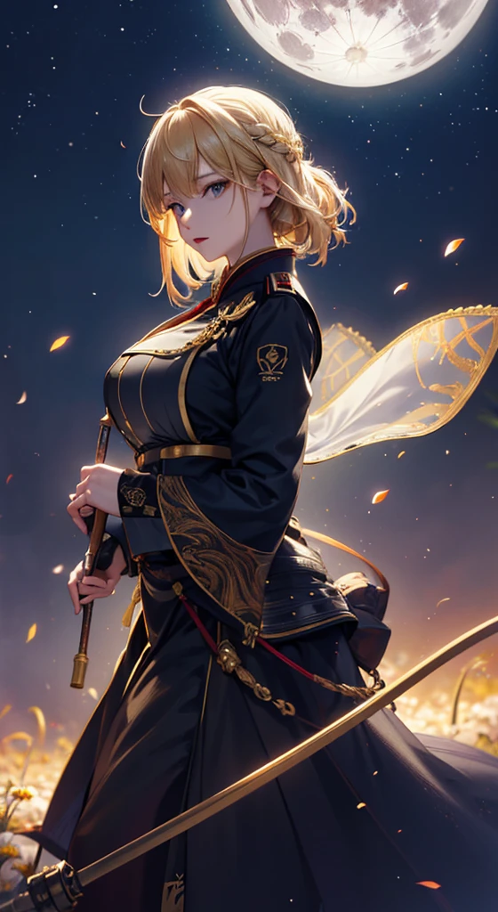 masterpiece, high quality, 4K, Beautiful design, silhouette,blonde, 非常に詳細な夜のStarry Sky,Flower Field, wonderful, Finer details, Very knowledgeable woman, Highly detailed solo, 1 female,Big Breasts,Red military uniform,Night view,Starry Sky,full moon,