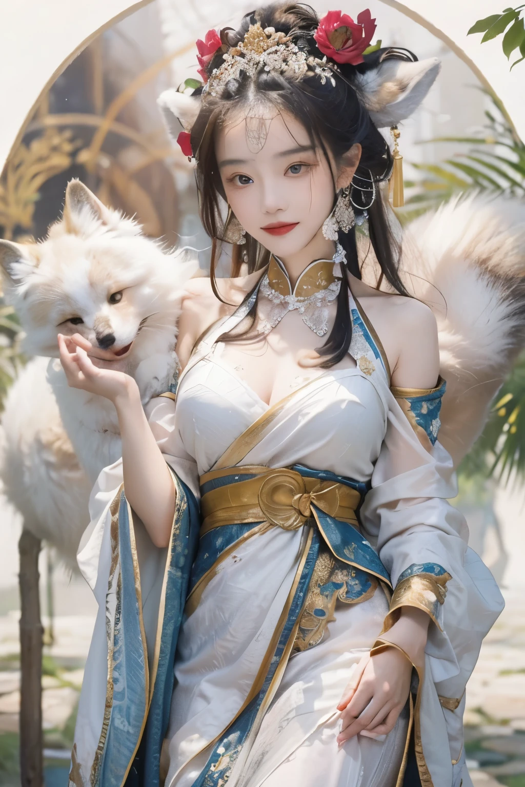Ancient Chinese beauties sitting on stones,(The beauty has fox ears on her head:1.6),(tilted hips,raised to be sexy,big breasts are beautiful,perfect hourglass shape:1.3),wearing ancient chinese costumes,flowing tulle,light silk,lazy posture,feminine laughter,holding a little white fox,Large lotus leaves,Lotus,clean colors,The Decisive Cut,leave a space,impressionism,masterpiece,very detailed,distinct facial features,epic composition, high quality photos, BestQuali, 4K