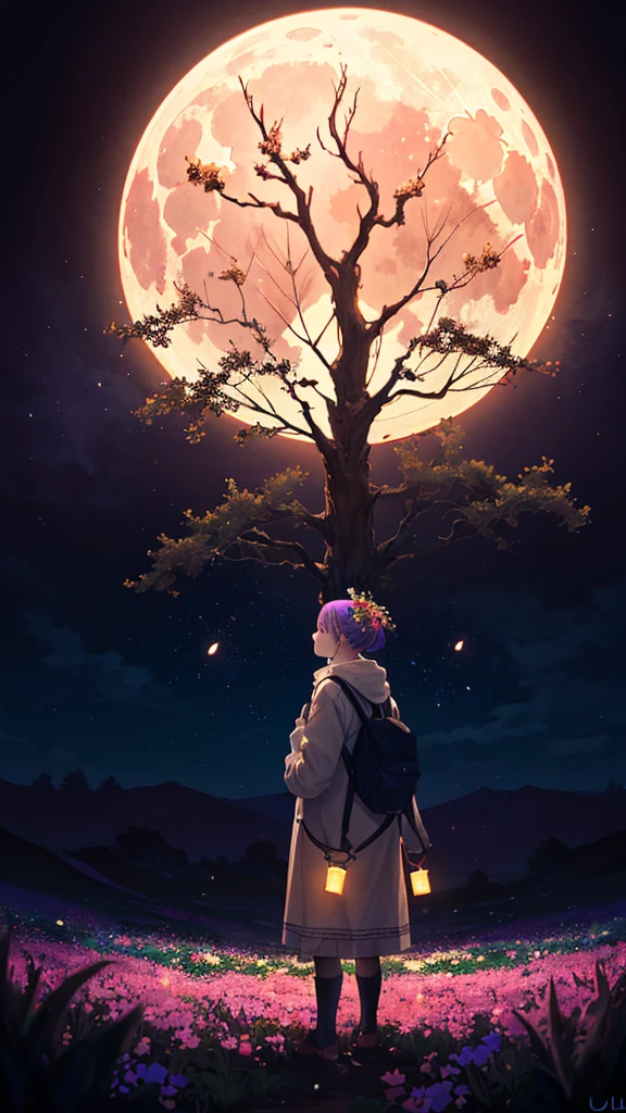 Expansive landscape photograph, (look from down,The sky and wilderness below can be seen), ((( standing in a flower field looking up))), (full moon: 1.2), (meteors: 0.9), (Starcloud: 1.3), Far Mountain, Tree BREAK Production Art, (Warm light source: 1.2), (Firefly: 1.2), lamp lights, Purple and orange, intricately details, Volume lighting, Realism BREAK (Masterpiece: 1.2) (Best quality), 4K, Ultra-detailed, (Dynamic configuration: 1.4), Highly detailed and colorful details, (Iridescent colors: 1.2), (luminouslighting, Atmospheric lighting), Dreamy, magical, (Solo: 1.2)