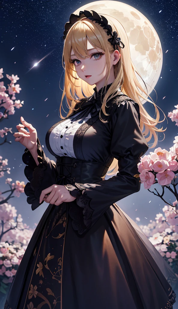 masterpiece, high quality, 4K, Beautiful design, silhouette,blonde, 非常に詳細な夜のStarry Sky,Flower Field, wonderful, Finer details, Very knowledgeable woman, Highly detailed solo, 1 female,Big Breasts,Gothic Lolita Fashion,Night view,Starry Sky,full moon,