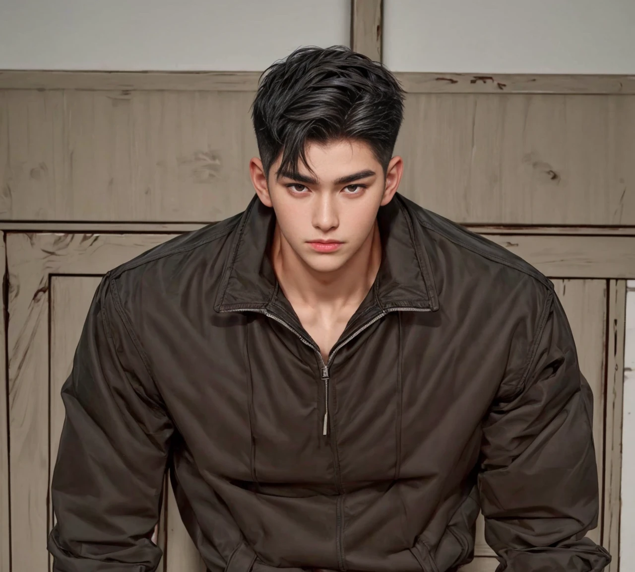masterpiece, 1boy, young, handsome, black hair, undercut hair, perfect face, detailed eyes and face,black eyes, jacket, clean shaved, muscular, capturing a rural atmosphere, dynamic lighting, unreal engine 5, Korea face,