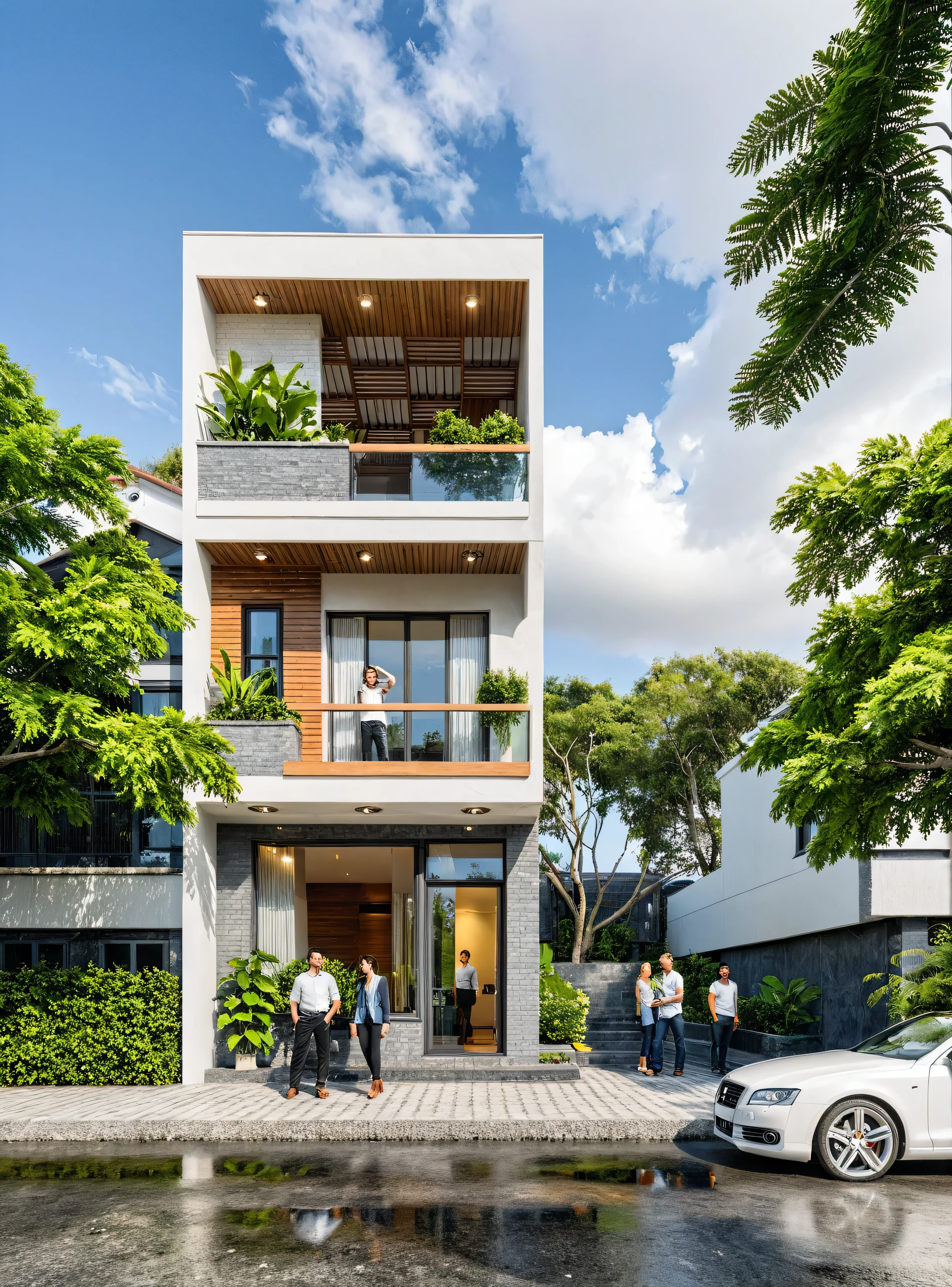 Masterpiece, high quality, best quality, authentic, super detail, outdoors, onestoreyvillaXL, aiaigroup, house style modern on the street ,stairs, white wall ,road,pavement, grass, trees, sky, cloud, (daylight:1.1)