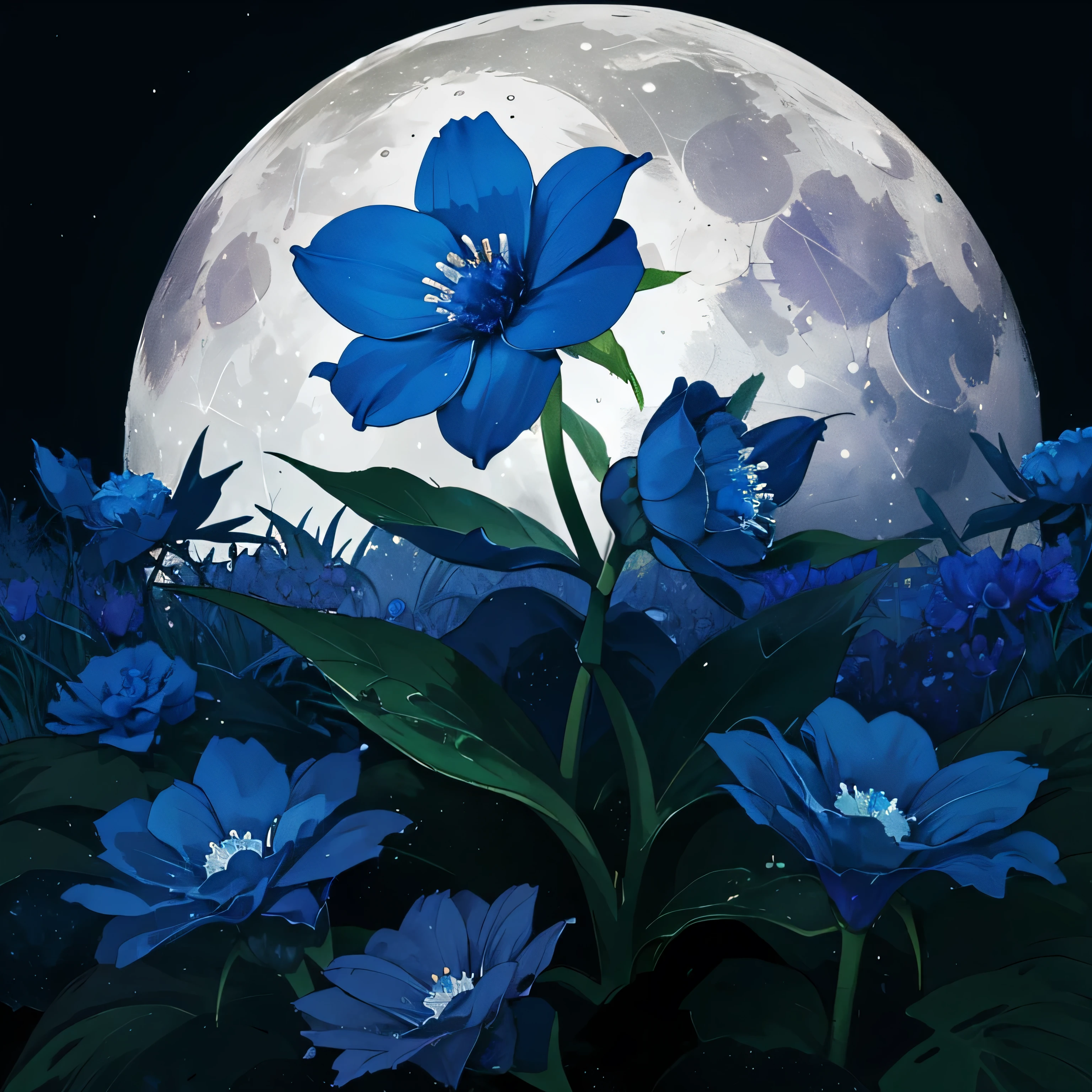 (((night)))、(((Blue flower close-up)))、after the rain、Water Drop、Wet、(((There is fog)))、Faint lighting、forest、lake、Top Quality、(((No humans)))、(((fog)))、(((One White Full Moon)))、highest quality、Complex background