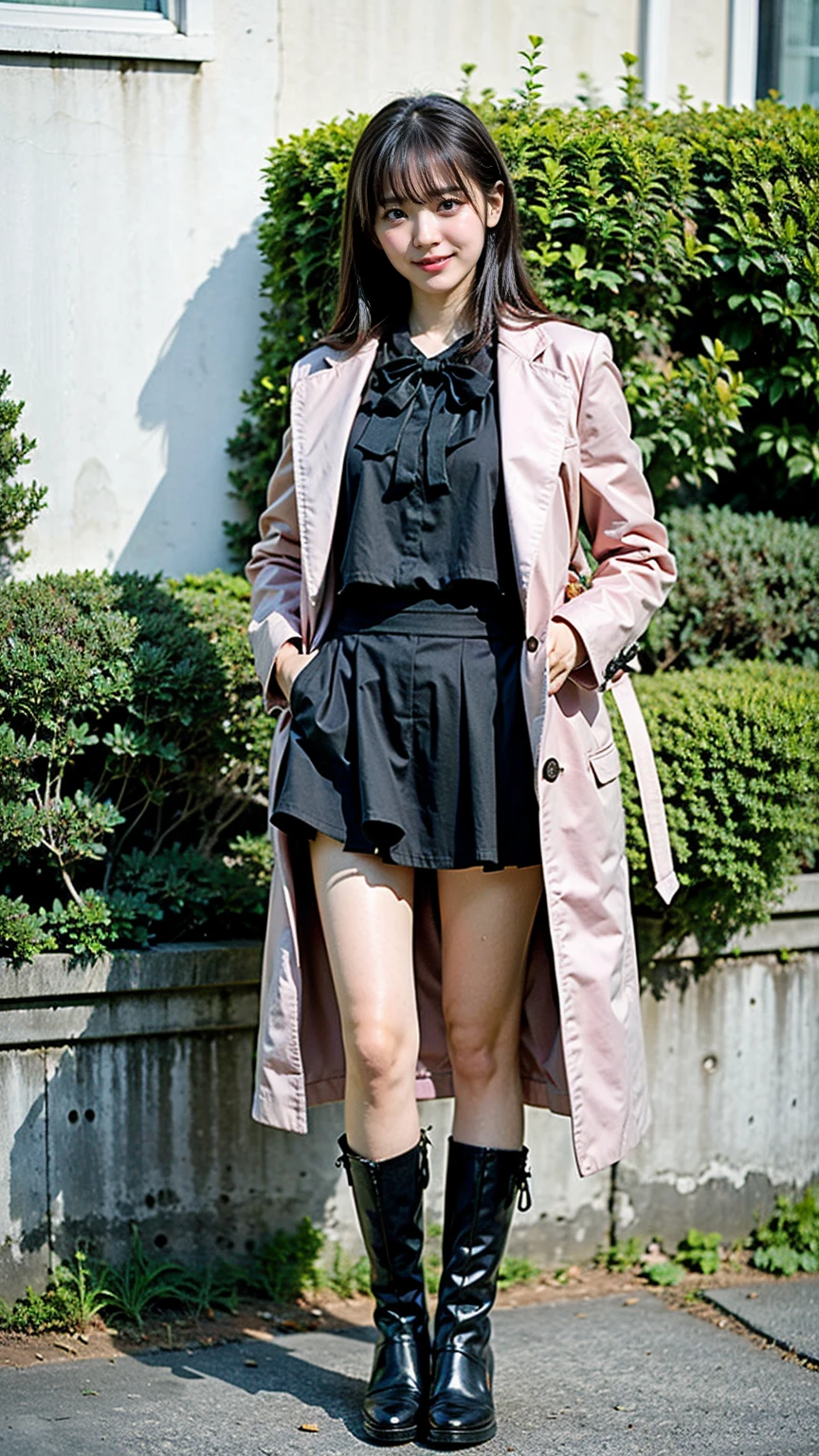(8k、RAW Photos、highest quality、masterpiece:1.2)、(Realistic、Realistic)、1 girl、((garden、Pink Coat、Black ribbon on chest、Black Mini Skirt、Frills、Knee socks、boots、smile、Standing with hands on hips))、