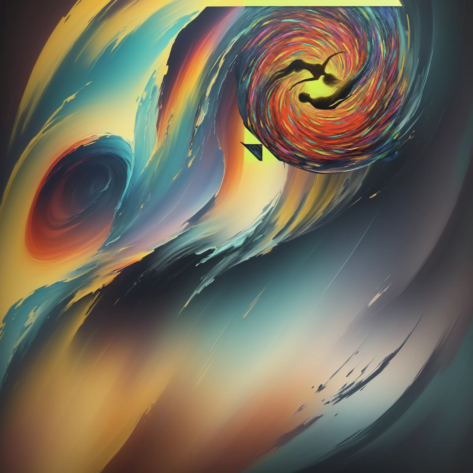 painting of a bird flying through a colorful swirly swirl, swirling, swirling scene, swirling vortex of energy, swirling energy, swirly, swirling around, spiraling, whirling, spinning whirlwind, whirlwind, complex vortex, pulled into the spiral vortex, swirl, swirling flows of energy, frenetic oil painting