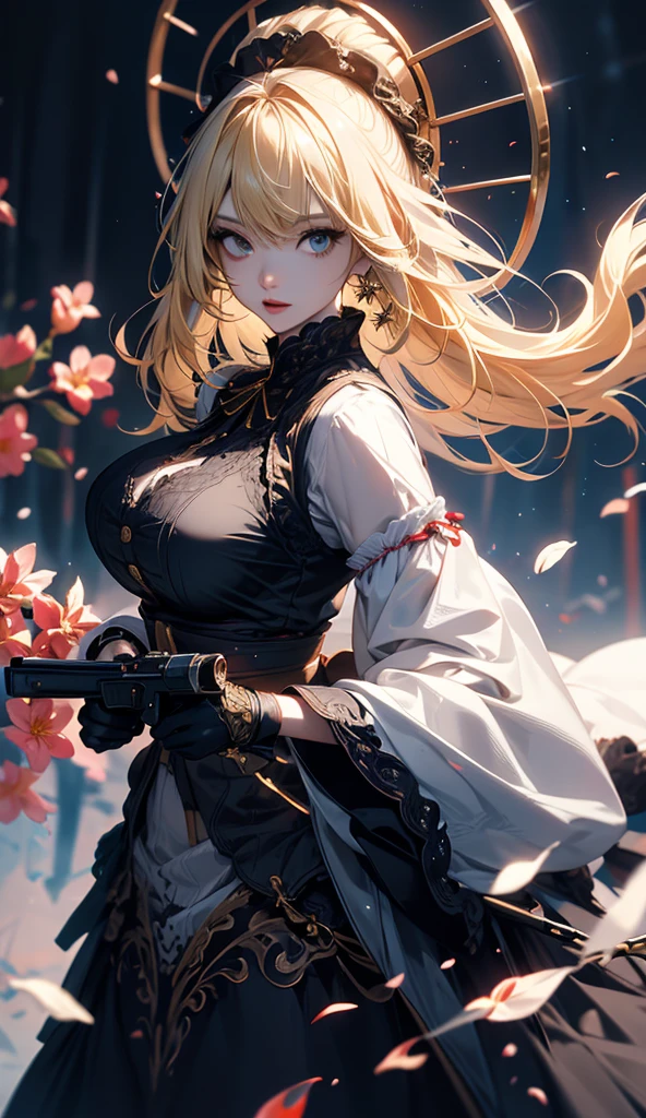 masterpiece, high quality, 4K, Beautiful design, silhouette,blonde, 非常に詳細な夜のStarry Sky,Flower Field, wonderful, Finer details, Very knowledgeable woman, Highly detailed solo, 1 female,Big Breasts,Gothic ta Fashion,2Hold a gun in front of your chest.,Night view,Starry Sky,full moon,