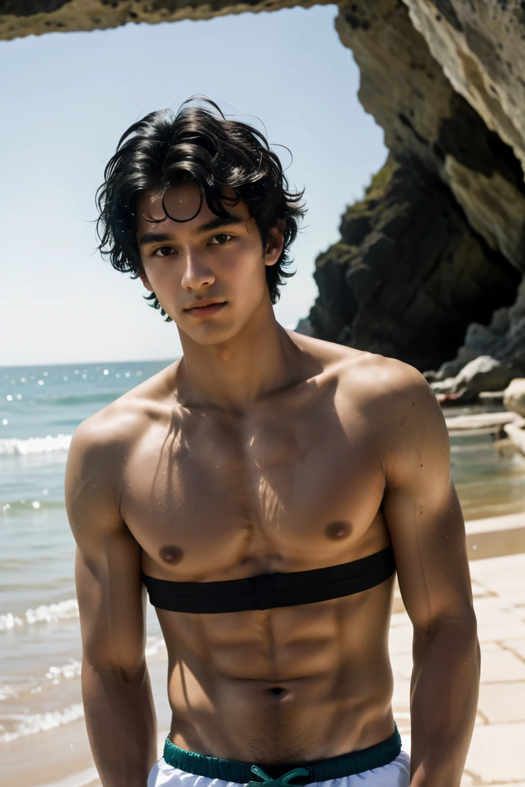 14 year old boy with messy jet black hair, a Mediterranean complexion, and sea-green eyes like his father Poseidon.