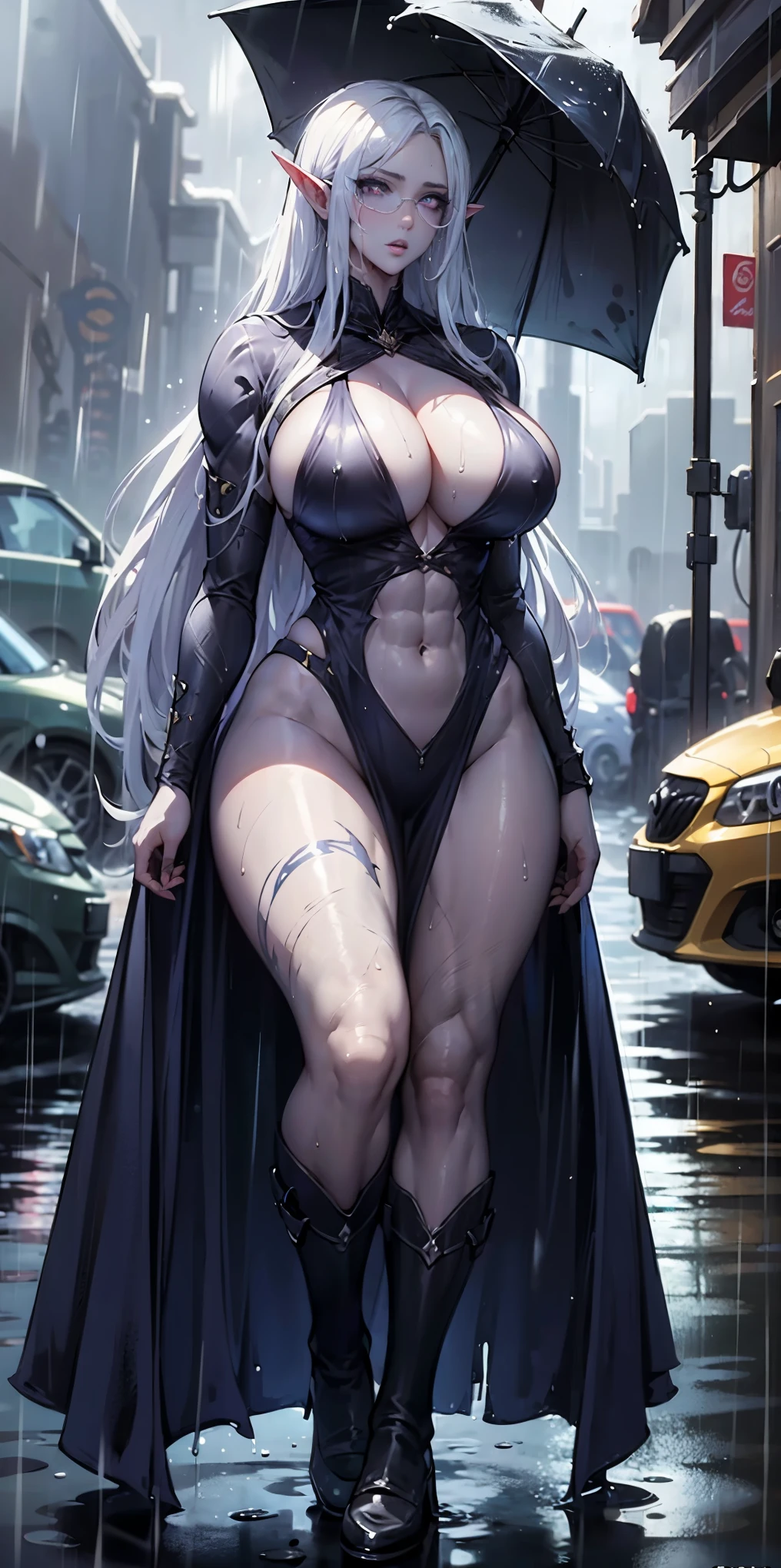 Full body, masterpiece, 1solofemale drow elf purple skin standing pose (yellow tiger bikini) red cape, red bikini, long white hair, strong body, abs, Ultra Quality, shiny skin, Atmospheric, 8K, Cinematic ((Street background)) BREAK, sunglasses (wet rainy, wet by rain, wet body :1.2) ultra-detailed face, detailed lips, detailed eyes, double eyelid, sensual low-necked dress, open neckline, hanging breasts, side pose, visible curves, pool, poolside, red transparent robe, sunglasses, muscular turned leg