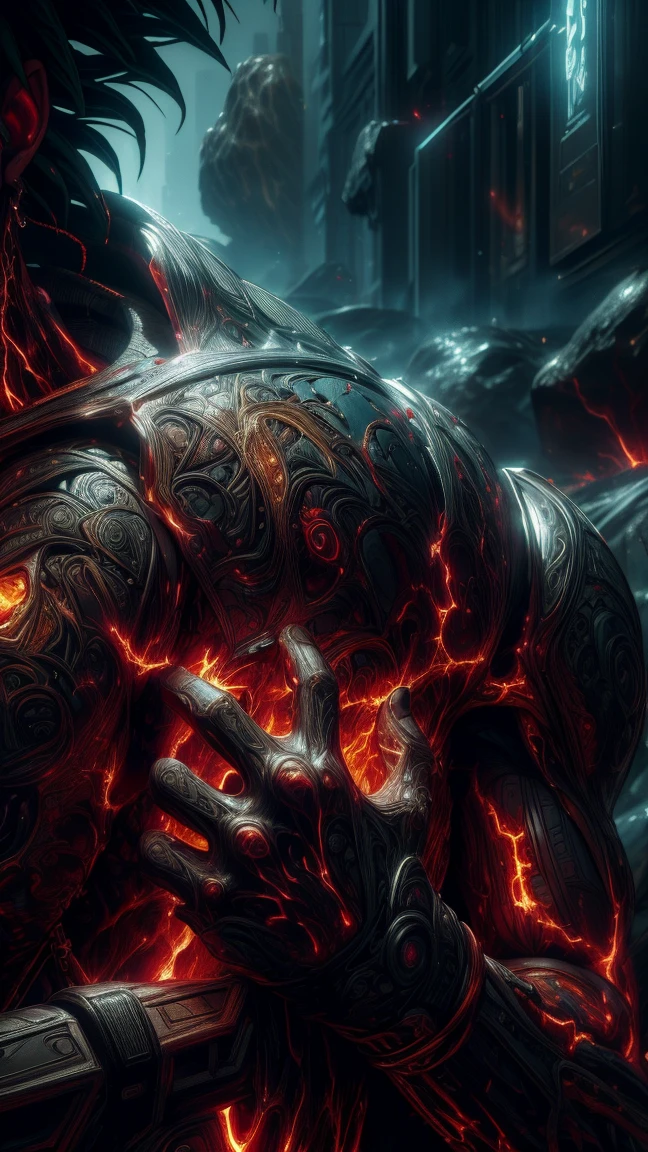 (absurdres, highres, ultra detailed)(masterpiece), (extremely intricate:1.3), (realistic),cyberpunk city,Cinematic Lighting,4k,(masterpiece), (1Broly:1.2),upper body, nvwashireg, burnt clothes,(glowing skin:1.3),(((molten rock skin)))