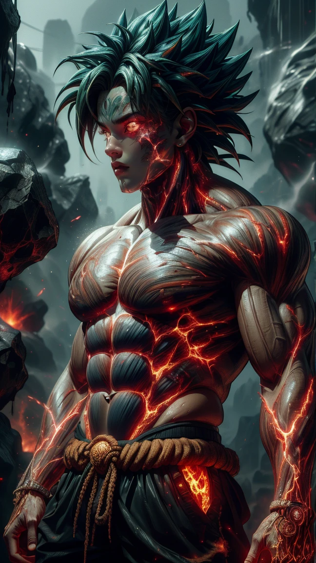 (absurdres, highres, ultra detailed)(masterpiece), (extremely intricate:1.3), (realistic),cyberpunk city,Cinematic Lighting,4k,(masterpiece), (1Broly:1.2),upper body, nvwashireg, burnt clothes,(glowing skin:1.3),(((molten rock skin)))
