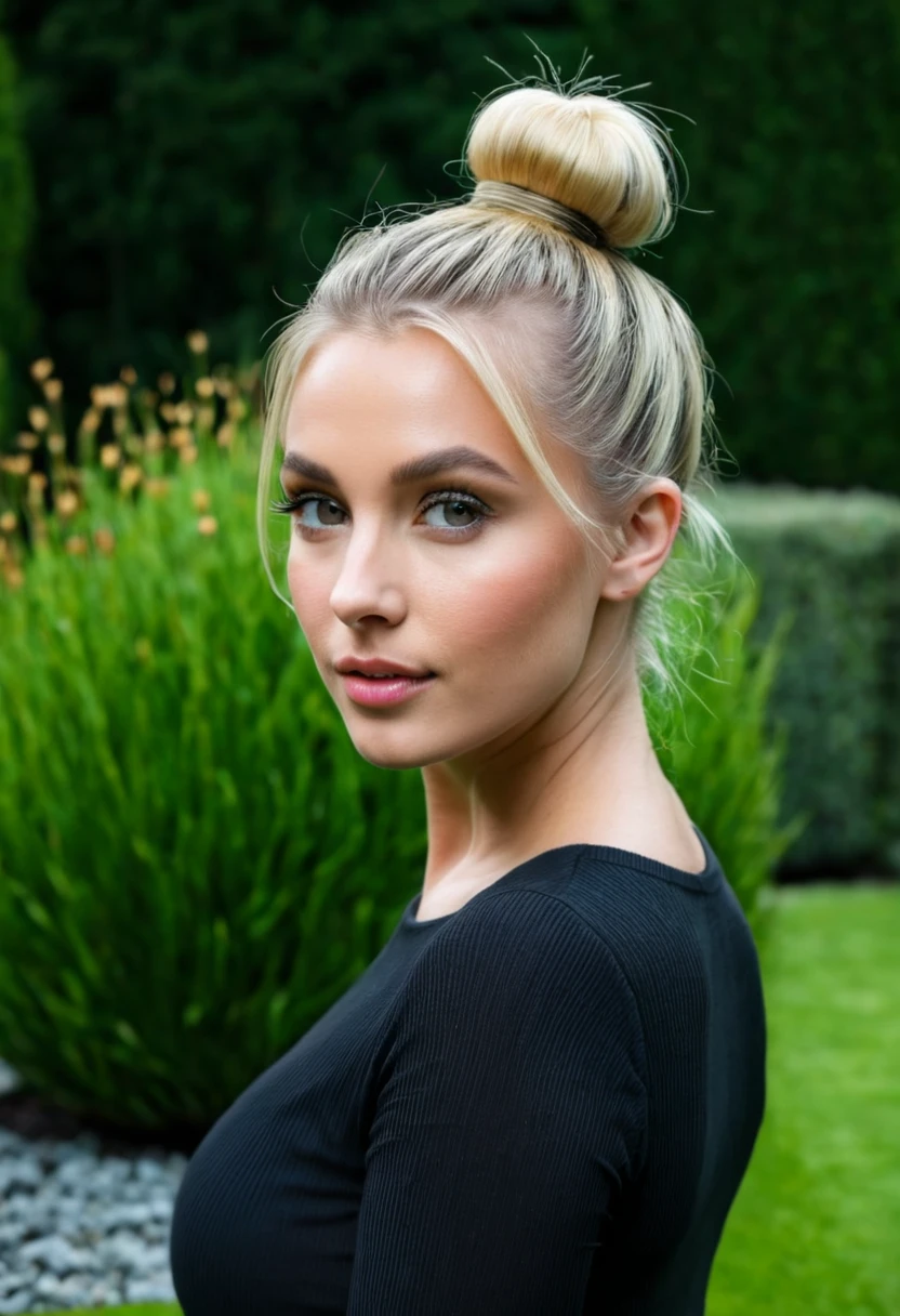 an eye contact of a blond with bun hair and dark theme in garden 