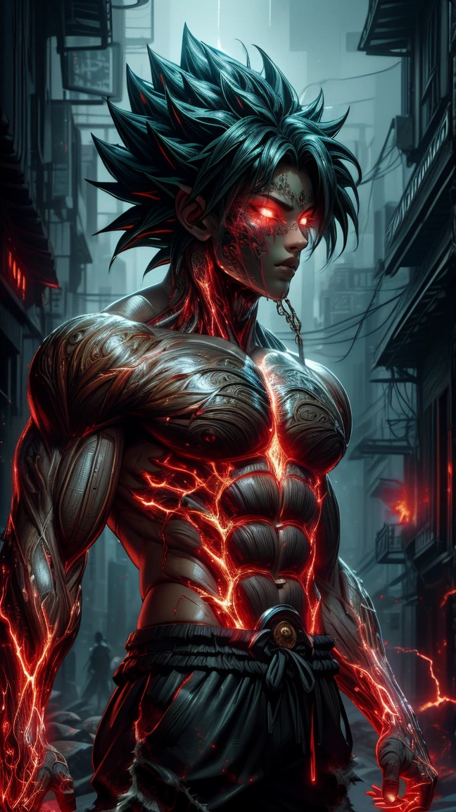 (absurdres, highres, ultra detailed)(masterpiece), (extremely intricate:1.3), (realistic),cyberpunk city,Cinematic Lighting,4k,(masterpiece), (1Broly:1.2),upper body, nvwashireg, burnt clothes,(glowing skin:1.3),(((molten rock skin)))