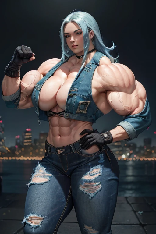 (((((Massive, beautiful, buff, pale white skinned muscular woman with cyan hair, ginormous bulky muscles, doing beautiful poses and wearing a black Long-sleeved cropped denim jacket with tight denim jeans))))), (close view), (massive muscles), hyper muscles, (long beachy hair), (((black halter top))), (black halter top), purple eyes, choker, ((((cropped denim jacket)))), ((cropped denim jacket)), (gloves), gloves, black boots, (in the Darkened city), closed smile, night, ginormous muscles