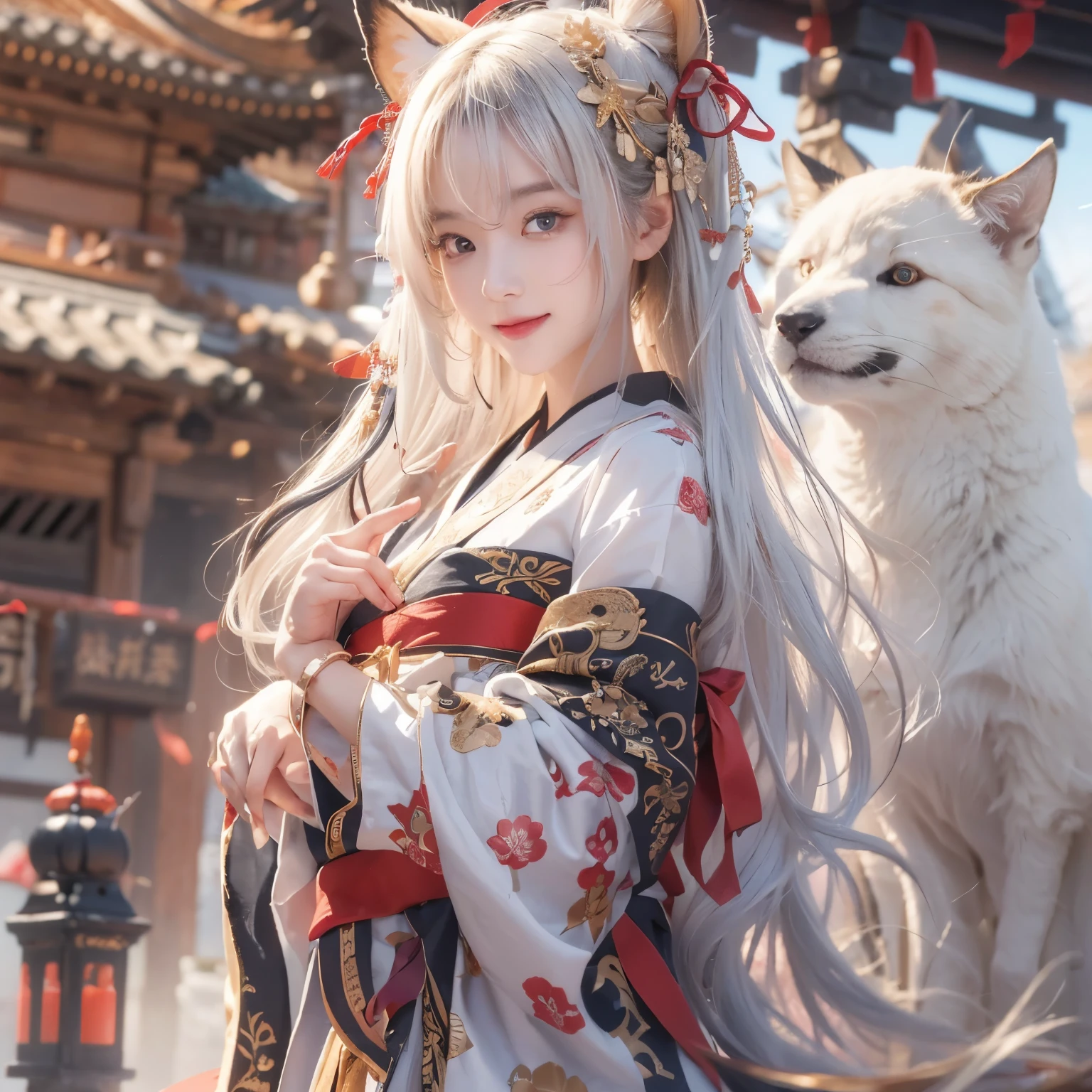 Hide away in an ancient shrine、hair flow、 ((best quality、masterpiece、8K、Best image quality、ultra high resolution、winning photo)、(precisely anatomy:1.1)、(smile at me:1.1)、Shining fair skin with ultra high resolution、The most detailed face、ultra high resolution detailed face、ultra high resolutionの髪の毛、(ultra high resolutionの煌めく瞳:1.1)、A beautiful face drawn in every detail.、(blurred background:1.1)、Ancient gentleman's maiden clothes, Gather your hearts, Tattoo、white fox sideways