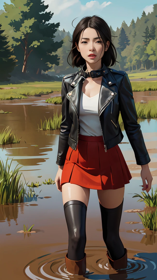 (Vector image:1.3) of (Simple illustration:1.3), woman in a leather jacket, skirt, thigh-high fuck-me boots, drowning herself off in a quicksand bog, provocative, horny, standing, red, green, blue, black