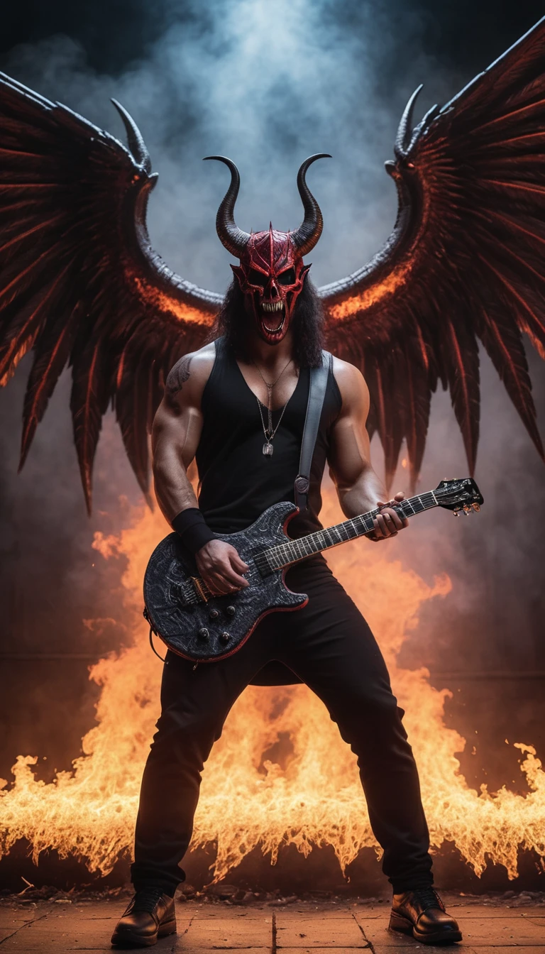 a demonic male figure with intricate, horned features playing a satanic electric guitar with intense concentration, surrounded by hellish flames, heavy metal music pouring from gigantic speakers, dark and ominous atmosphere, (best quality,4k,8k,highres,masterpiece:1.2),ultra-detailed,(realistic,photorealistic,photo-realistic:1.37),detailed facial features, penetrating gaze, sharp fangs, muscular physique, dark wings, hellscape background, dramatic lighting, saturated colors, gritty, cinematic
