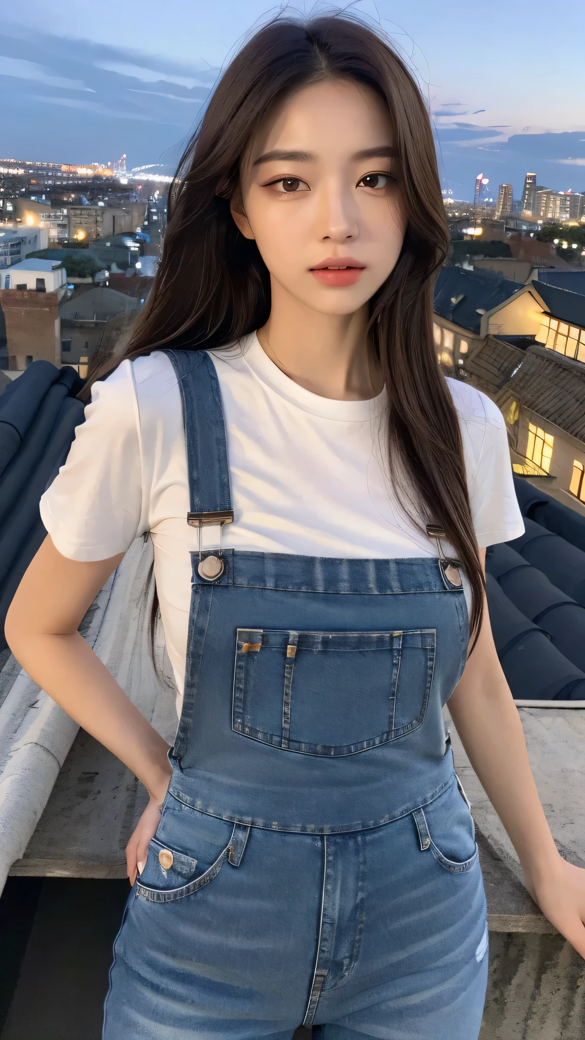 ((midnight, best quality, 8K, masterpiece :1.3)), whole body, Long legs, Clear focus :1.2, Beautiful woman with perfect body :1.4, Slim abs :1.1, ((Dark brown hair, Large Breasts :1.2)), (White Tight Tee, Overalls Jeans, permanent:1.2), ((City night scene, roof:1.3)), Highly detailed face and skin textures, delicate eyes, Double eyelids