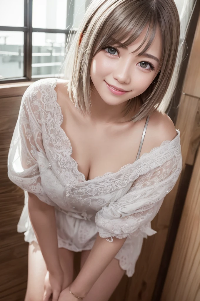 highest quality、8k Masterpiece、超A high resolution、(Photorealistic:1.3)、RAW Photos、1 girl、Disheveled silvery-white very short hair、Glowing Skin、((Ultra-Realistic Details))、Portrait、Global Illumination、Shadow、Octane Rendering、8k、Super sharp、Beautiful breasts、Beautiful Eyes、Bright colors、smile、Very intricate details、Realistic Light、CGSoation Trend、Beautiful Eyes、Shining Eyes、A big smile for the camera、Neon Details、２０age、Mean、Small devil、Obscene、wide shot、full body、Silver charm on the ankle、Model Body Type、Cosplay、A little sexy、Moe、Super cute、cute、pure、Fall in love、Idol、可愛いIdolステージ衣装、A girly cafe with gentle sunlight、A smile that will make any otaku swoon、intellectual