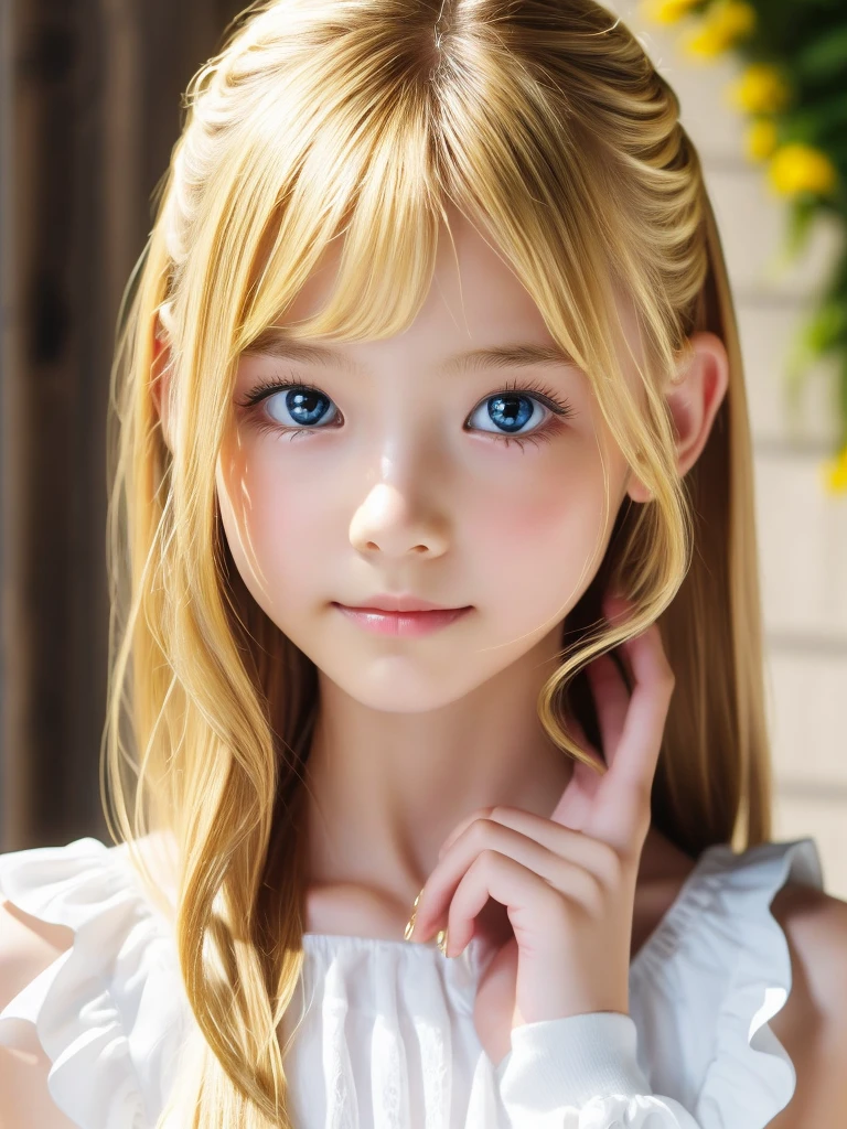 1 girl, The sweetest girl、helles Aussehen、sehr unordentliches blondes Haar, Blondes Haar schwebt、Ihr heller Glanz, super lang, glattes blondes Haar besticht durch seinen goldenen Glanz.、very beautiful super lang shiny blonde hair、Very beautiful sweet face、radiantly beautiful skin、Allein、super high quality、harter Fokus、Filmkorn、ultra high resolution、Meisterwerk、Big eyes with sparkling, liebevoll detailliertem, kristallklarem, blassem Hellblau、rundes Gesicht、Beauty in the small face、Young shiny cheeks、Very nice long messy bangs over the eyes