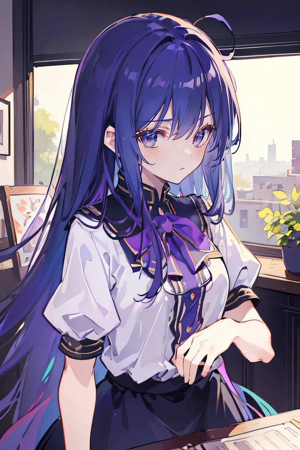 (Best Quality: 1.3), (Masterpiece: 1.3), (Illustration: 1.3), (Ultra Detailed: 1.3), (Imide Lens: 0.9), 1girl, Medium Breasts, Purple Eyes, ((Dark Blue Hair) ), young, clothing-gladiia,long hair, dark blue hair, indoors, black shorts, high socks, low ponytail, expressionless, upper body, close-up, coat, skirt,