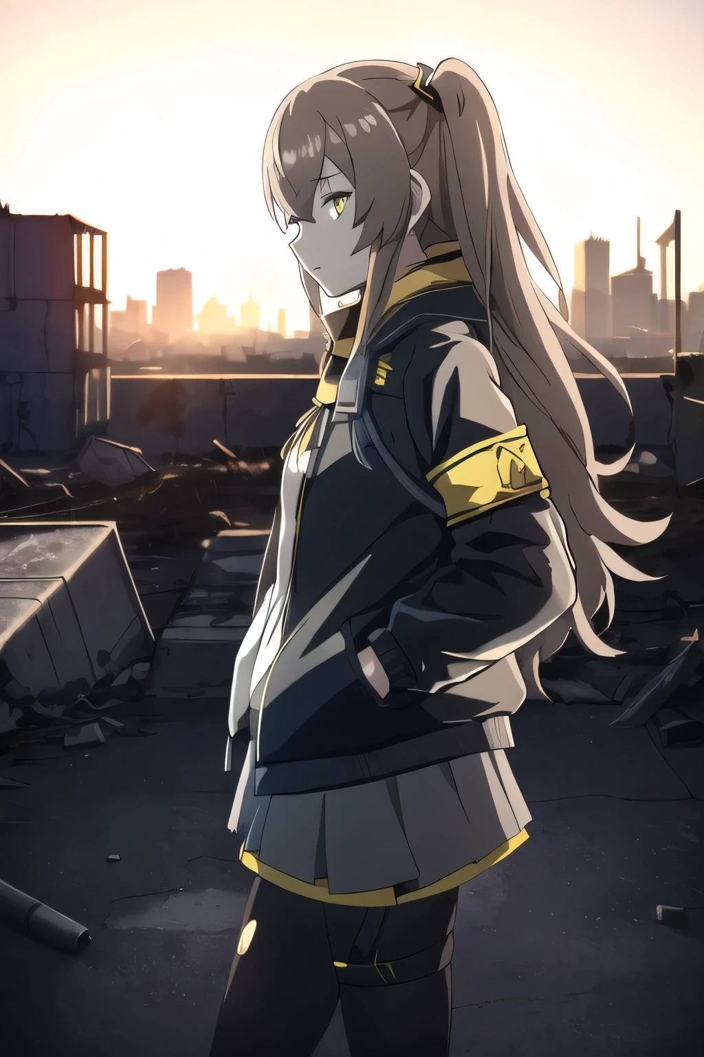 1girl, masterpiece, ump45 \(girls' frontline\), standing, cowboy shot, expressionless, hands in pockets, yellow eyes, looking at viewer, from side, closed mouth, scar across eye, (ruined city:1.2) in background, backlighting,