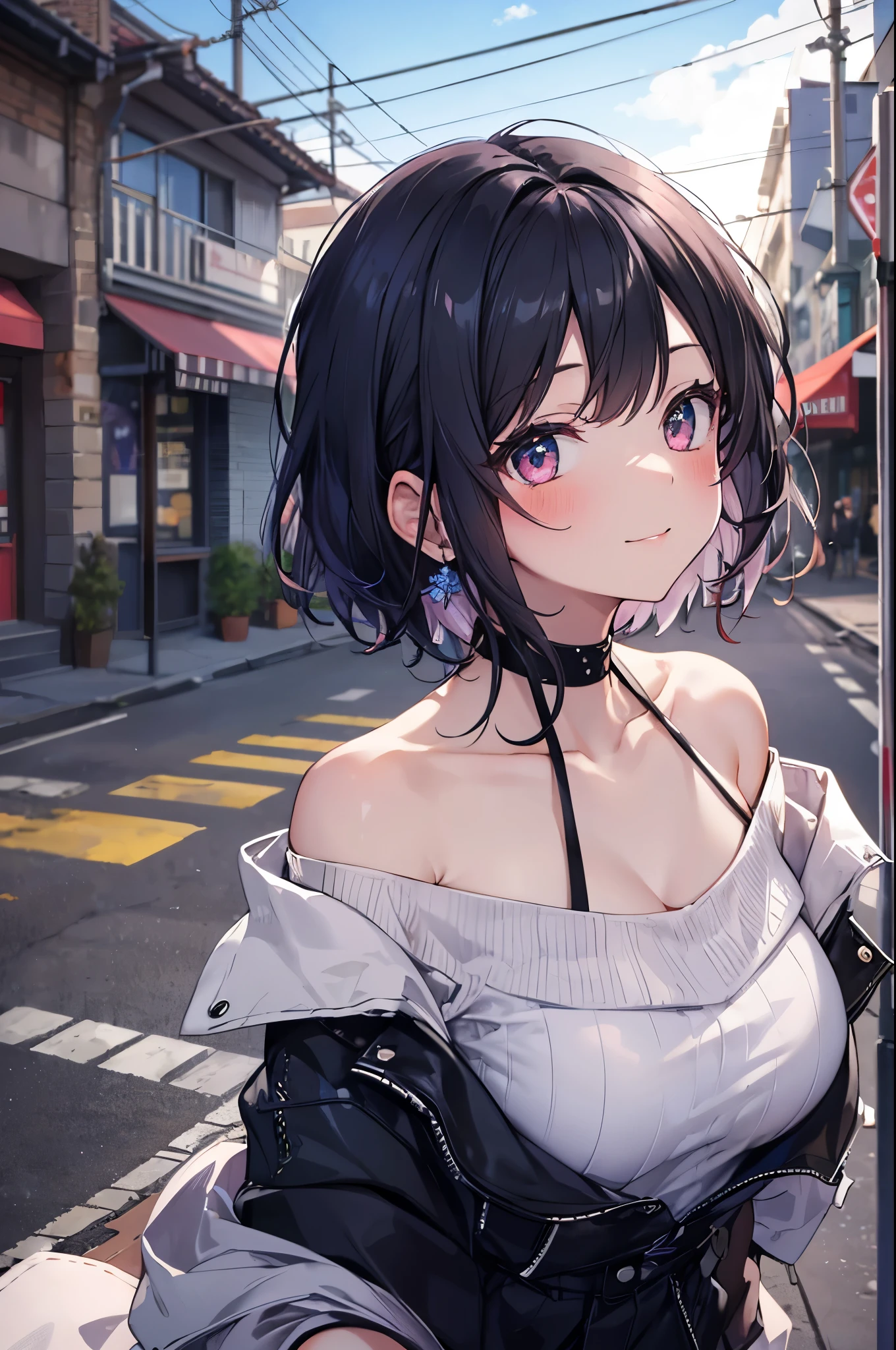 One Girl, (Chiquita:1.2), sarashina_hand, short hair, Black Hair,
(Close-up shot, highest quality, High resolution, 4K, Detailed lighting, Shaders, Browsing Caution), 
Off-the-shoulder shirt, Cleavage, Shorts, Street background, smile, Nipples, kiss me, 
(throw, Leaning forward, Blushing:1.2)