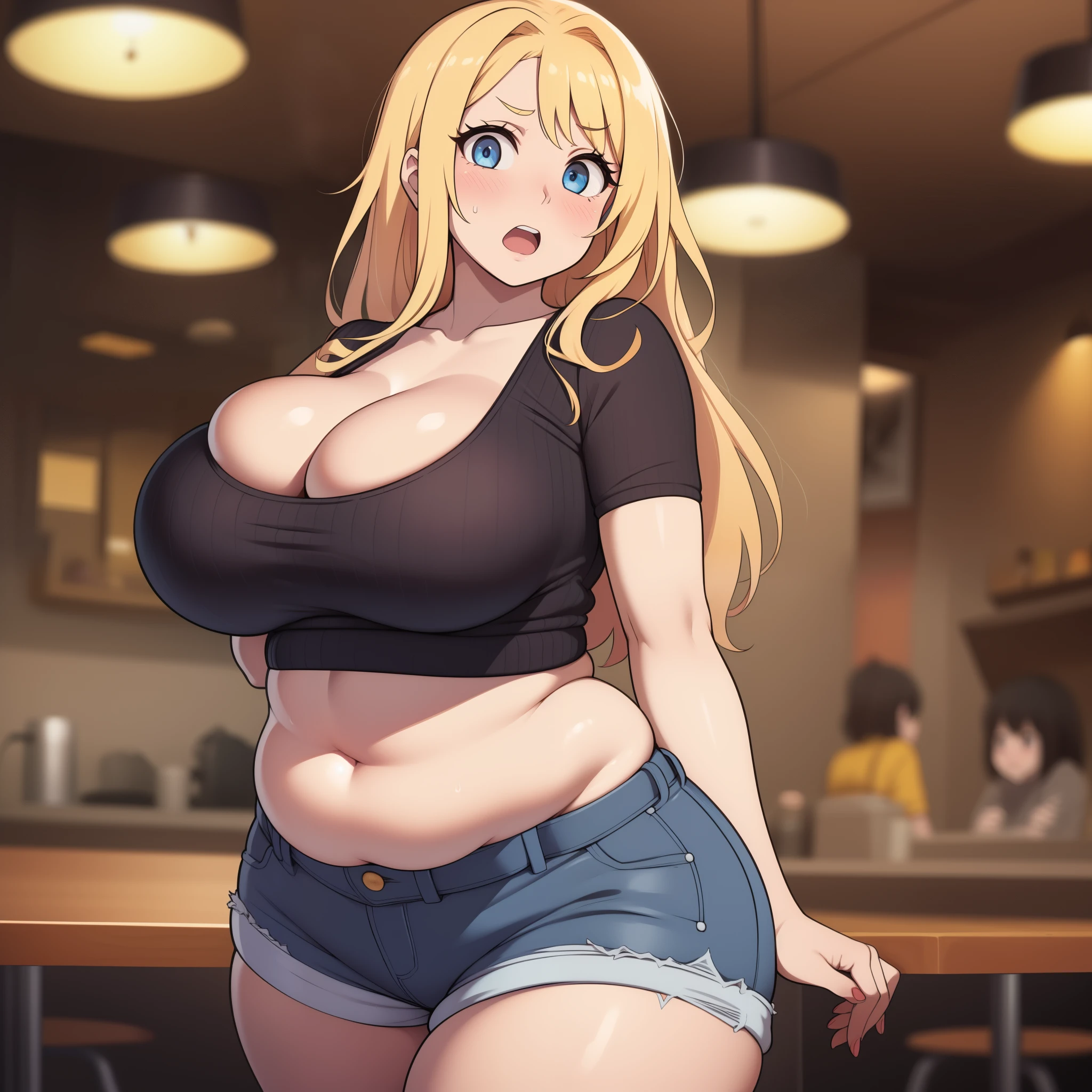 ((highres)), Masterpiece, high quality, best quality, beautiful, perfect lighting, detailed face, ultra cute face, ((1girl)), ((solo)), ((blush)), (embarrassed), looking at viewer, blonde hair, blue eyes, crop top and shorts, skindentation, full body, fast food restaurant, large breasts, perky breasts, cleavage, ((wide hips)), (((thick thighs))), ((plump)), chubby belly, fat folds, standing, arms behind back, embarrassed, table full of food,
