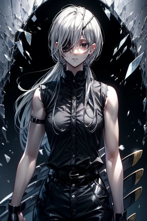 high quality, High detail, beautiful, beautiful face, White skin, Sleepy eyes, Iris, Calm face, Black eye patch on left eye, Medium length silver hair, slim, An athletic body, Black shirt with cut off sleeves、Black pants, Three swords at his waist, Holding a sword, Attack Position , Bloody background, Izumi Nishi from Chainsaw Man