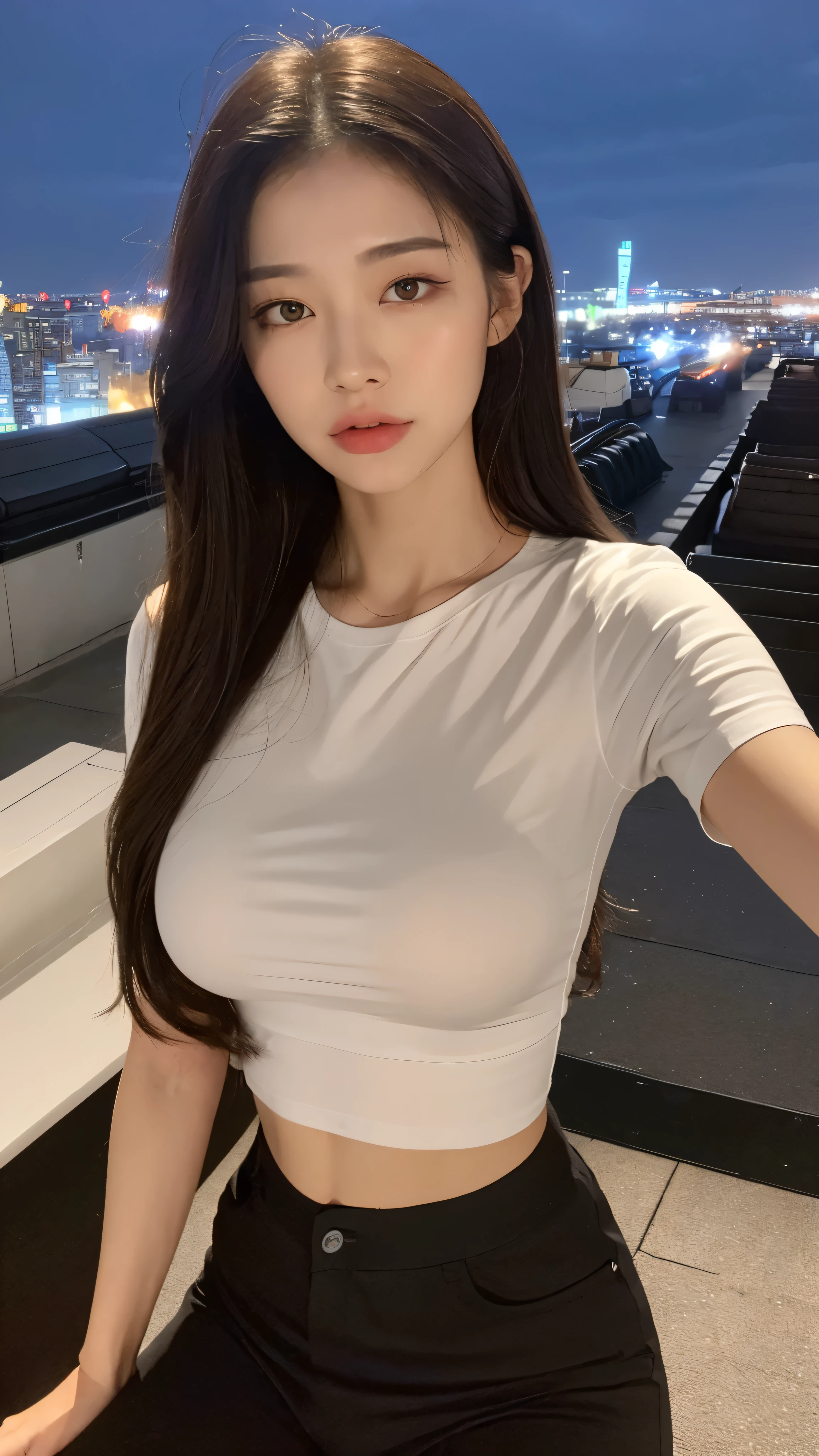 ((midnight, best quality, 8K, masterpiece :1.3)), close up, Selfie, Clear focus :1.2, Beautiful woman with perfect body :1.4, Slim abs :1.1, ((Dark brown hair, Large Breasts :1.2)), (White Tight Tee, Black sweatpants, permanent:1.2), ((City night scene, roof:1.3)), Highly detailed face and skin textures, delicate eyes, Double eyelids