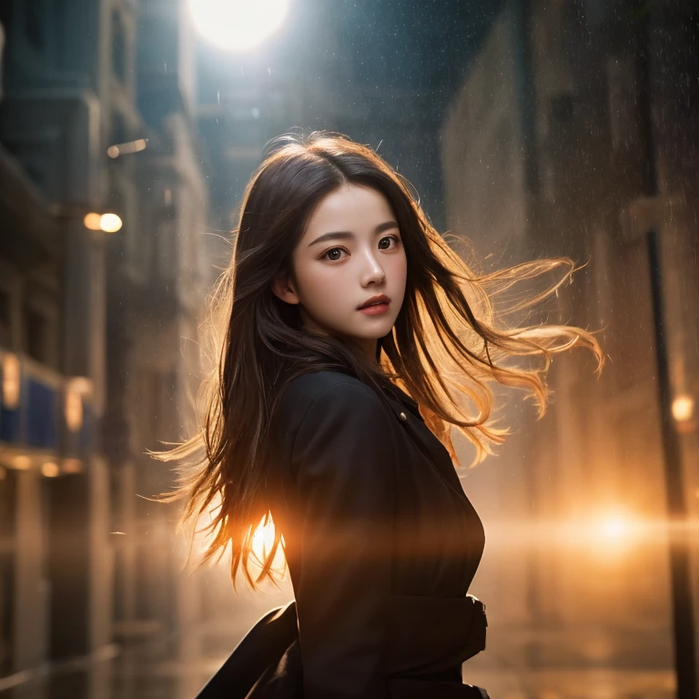 born, Super detailed, Realistic (1.3) Masterpiece portrait of a girl with long hair, Dynamic angle with messy hair, Installed in a world-class theater with superior cinema lighting, Lens flare, Dunhuang-style artistic sense, 8K resolution wallpaper quality, highest quality, Dancing in the Rain,