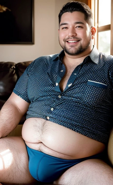 (best quality,realistic:1.37),portrait,studio lighting,vivid colors,soft lighting,barefoot,underbelly,relaxed pose,brightly lit room,cozy atmosphere,happy expression,warm color palette,smiling face,Wide shot of a big fat man with a big fat belly sitting comfortably on a couch. He is wearing only skimpy underwear, revealing his ample body. The man has short black hair and a beard. The portrait is of high quality, displaying realistic details and a warm color palette. The studio lighting emphasizes the man's features and creates a cozy atmosphere. The room is brightly lit, and there is a soft lighting effect that adds to the overall warmth of the image. The man is barefoot and is in a relaxed pose, leaning back on the couch. He has a seductive expression on his face, belly is large and round,detalhado eyes, detalhado clothing, sorriso pretensioso, Sorriso Sedutor, Peito peludo, copos,inside the office,(blue pattern boxers:1.4), (camisa branca aberta:1.5), (gravata removida),(meias pretas:1.2)