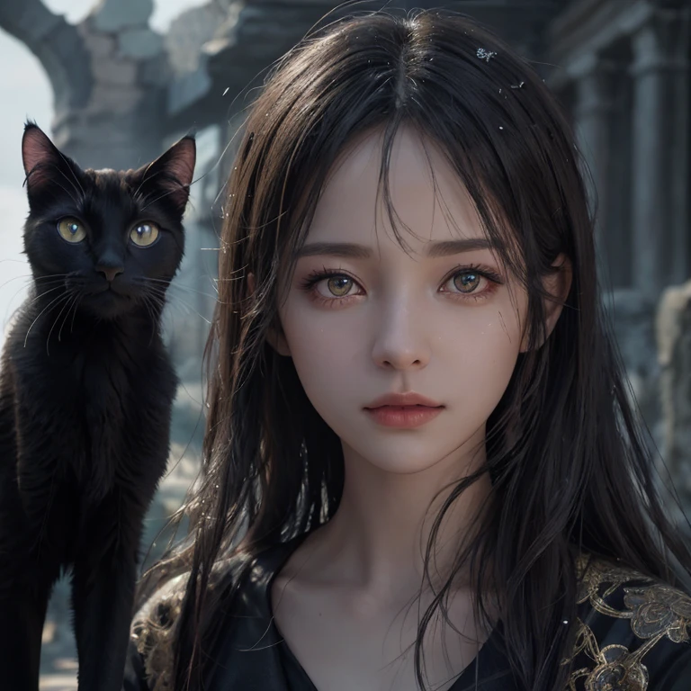 highest quality, rain, Fantasy, Walk through the ruins of ancient buildings, One Girl,  Detailed clothing, Glowing Eyes,Shiny winter ornaments), Sharp focus,(Very detailed, Very detailed),(Realistic artwork:1.37),(Very detailed CG unity 8k wallpaper),(((Dark colors, Dark Theme))),(complicated),(masterpiece),(highest quality),Artistic photography,(photo shoot：sldr),(complicated background),perfectly rendered face,Perfect facial details,Realistic Face,Realistic,Analog Style,((complicated detail)),(((realism))), Walking with a black cat, Cat and girl
