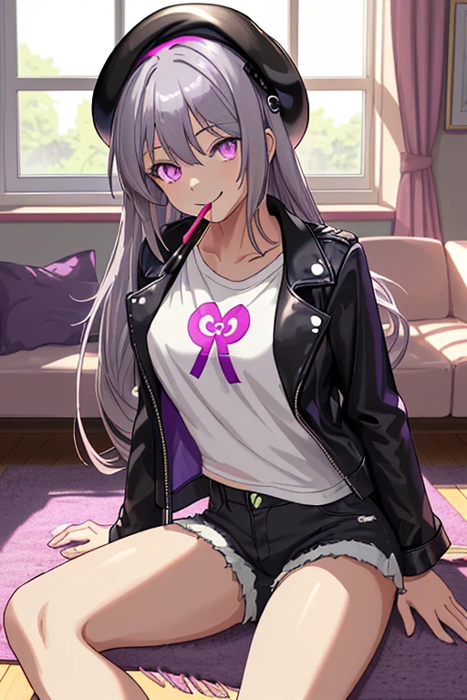 anime, 4k, better quality, girl, sunlight, long purplish gray hair, long hair, bright purple eyes, She is in her house in the living room, is sitting on the floor, In front of you there is a table with school materials, sha is smiling in a very cute way, he has a red lollipop in his mouth, is wearing a short white T-shirt, he has a black leather jacket over his t-shirt, the bra string is showing, is wearing a black female beret, She is wearing a feminine beret, is wearing black denim shorts, glowing skin, sunlight comes through the window,