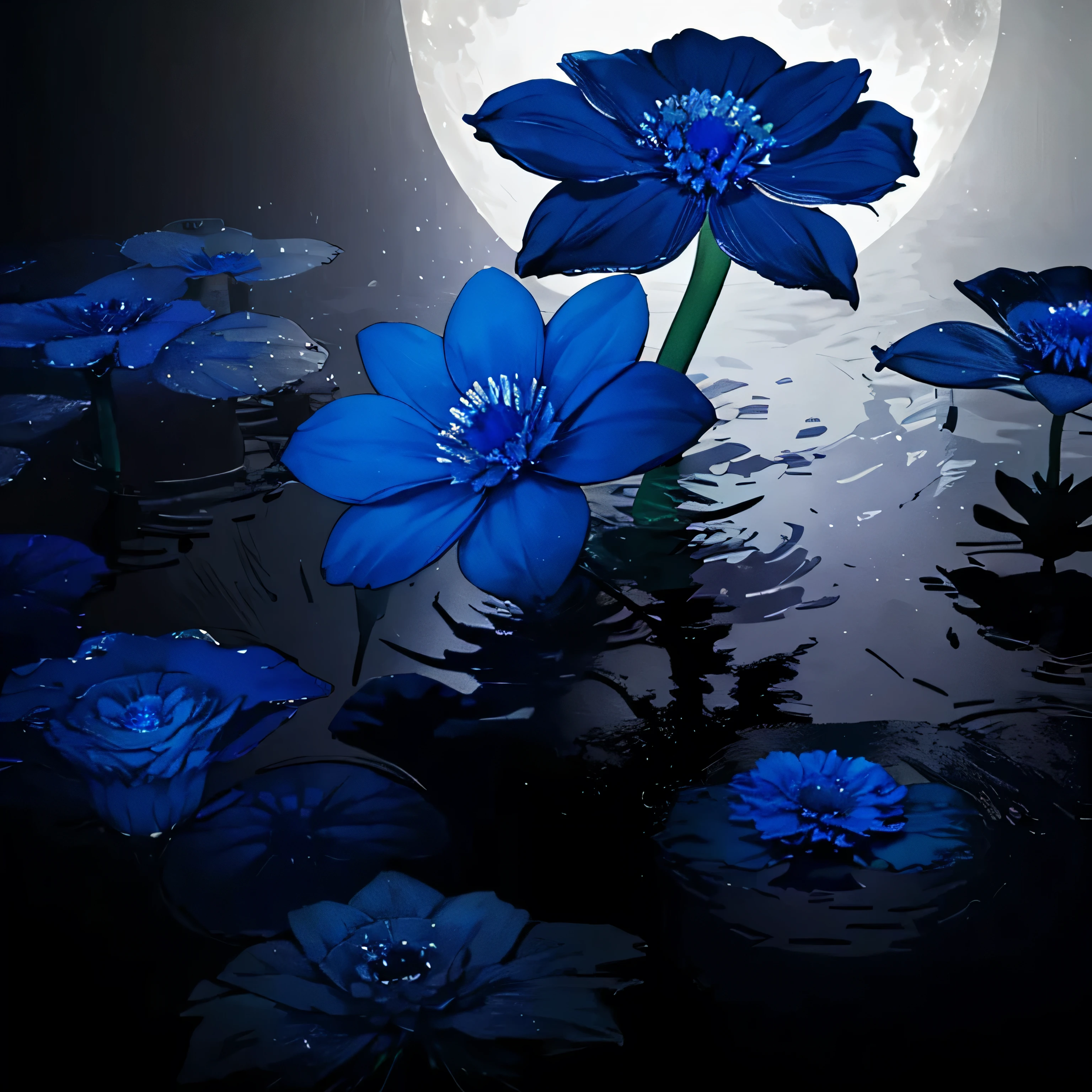 (((night)))、(((Blue flower close-up)))、after the rain、Water Drop、Wet、(((There is fog)))、Faint lighting、forest、lake、Top Quality、(((No humans)))、(((fog)))、(((One White Full Moon)))