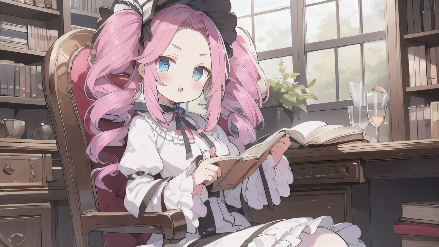 &quot;One Woman&quot;、young、blue eyes、Pink Hair、Long Hair、Drill-shaped twin-tail hairstyle、Wear a brim、Sit on a chair、I read a book、White Lolita Fashion