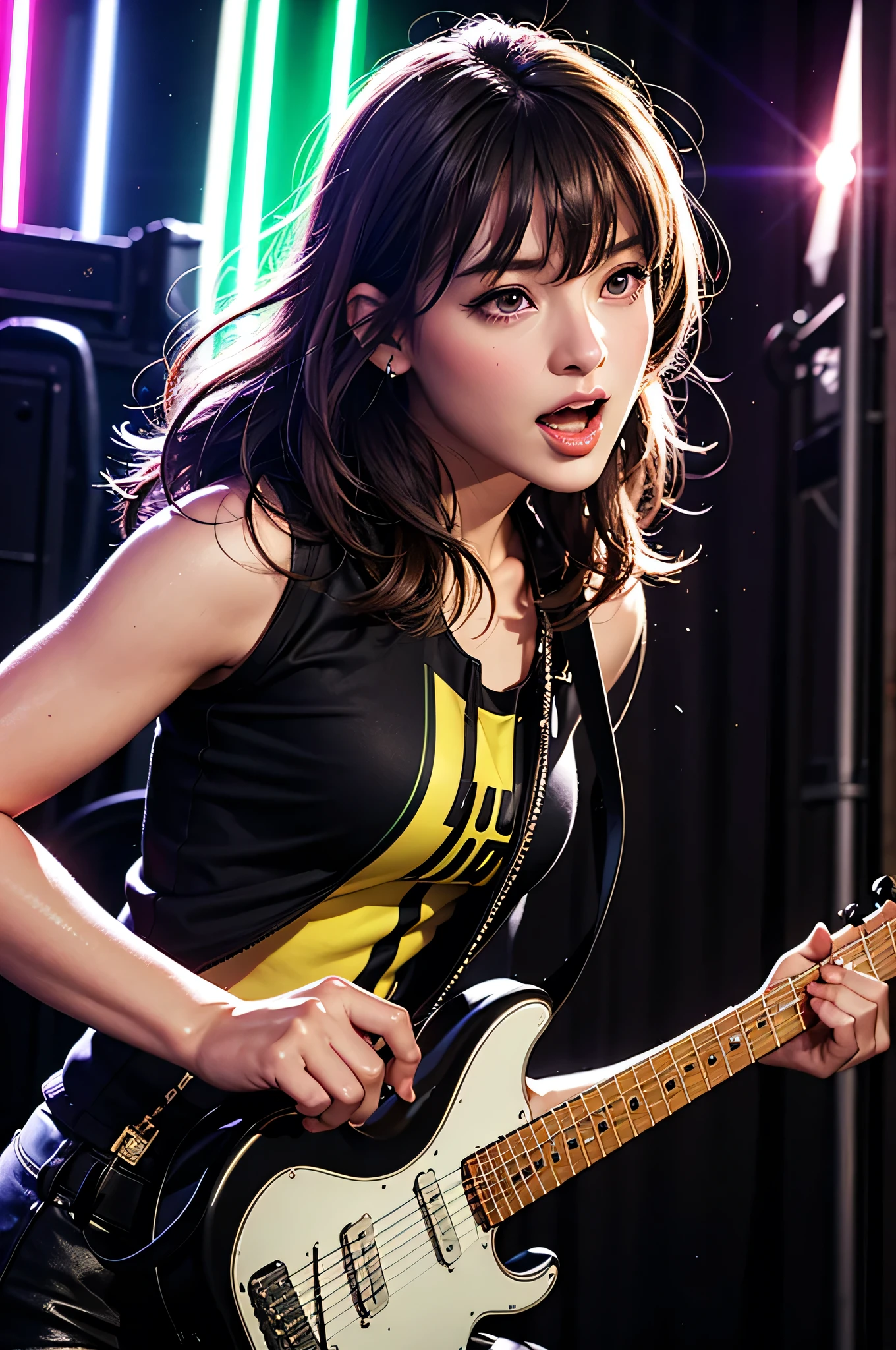 { 1girl, young funk rock star, singing on stage, playing electric guitar, ((full shot)) }, { }, { (neon glowing), (masterpiece), (absurd resolution), (best quality:1.2), (photo realistic:1.4), (Luminous lighting:1.4), (Chiaroscuro:0), (Immersive atmosphere:0), (brightened light:0) }, { (shiny skin) }, { }