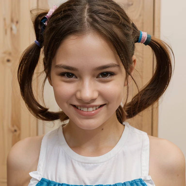 Yo hfujf with two pigtails and smiles beautifully 
