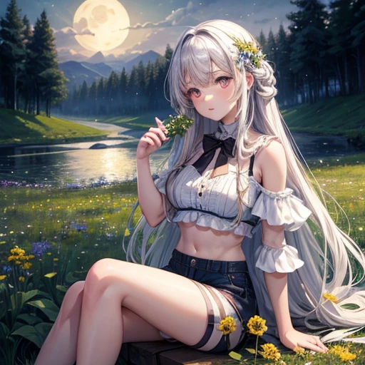(masterpiece, highest quality), A girl with long white hair sitting in a field with green plants and flowers, Warm moonlight, Blurred foreground, change, River bank, Bra shorts, Strange Eyes