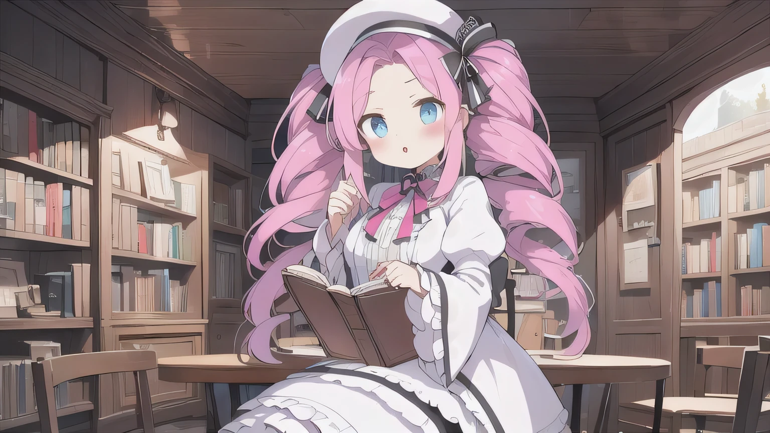 &quot;One Woman&quot;、young、blue eyes、Pink Hair、Long Hair、Drill-shaped twin-tail hairstyle、Wear a brim、Sit on a chair、I read a book、White ****ta Fashion