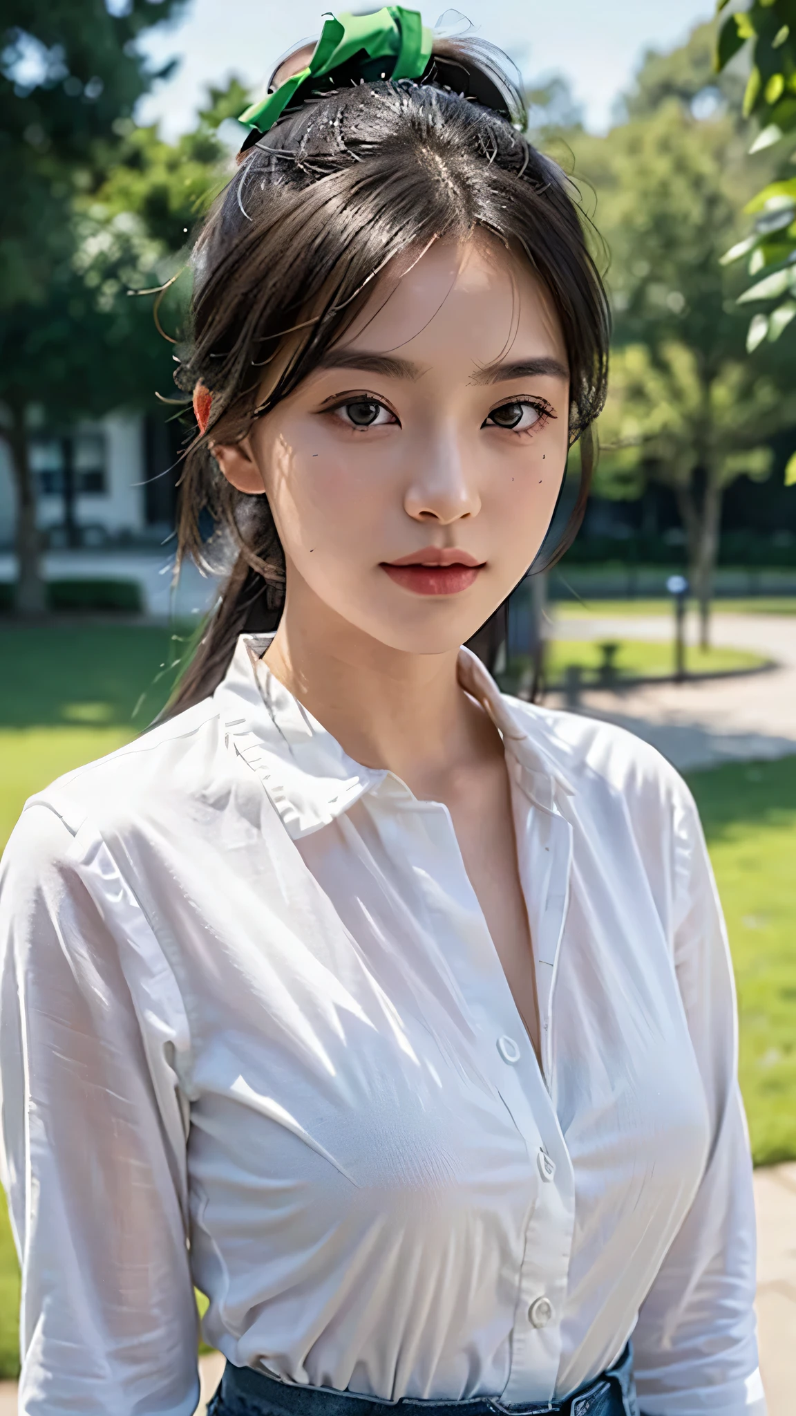 Leaning forward、A black bra is visible from her chest.、White collared shirt,jeans,outdoors,Urban Park,On the lawn,One woman,close up face,fully body photo,masutepiece, The highest image quality, High quality, the background is clear,Beautiful woman, Japanese, Detailed, Ultra-detailed, finely detail, hight resolution, 8K Wallpaper, Perfect dynamic composition, Beautiful detailed eyes ,Detailed eyes, Detailed skin, Beautiful skin, 超hight resolution, (reality: 1.4),Very beautiful woman, Slightly younger face, Beautiful skin, slender, (Ultra photo realsisim), (hight resolution), (8K), (Very detailed) (beautifully detailed eyes), (super detailed), (Detailed face), view the viewer, Fine details, Detailed face, Staring straight ahead, Staring straight ahead, photos realistic, Bright lighting, Professional Lighting, Black hair,poneyTail,a baby face,sixteen years old,Hairstyle: ponytail,Long ponytail hairstyle,slight smile,