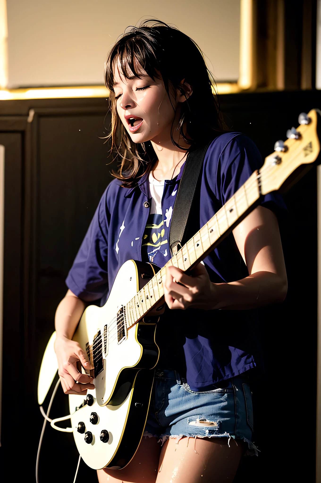 { 1girl, young funk rock star, singing on stage, playing electric guitar, ((cowboy shot)) }, { }, { (neon glowing), (masterpiece), (absurd resolution), (best quality:1.2), (photo realistic:1.6), (Luminous lighting:1.4), (Chiaroscuro:1.4), (Immersive atmosphere:0), (brightened light:0) }, { (open mouth:1.2),close eyes,(weeping), (shiny skin), wet skin, }, { }