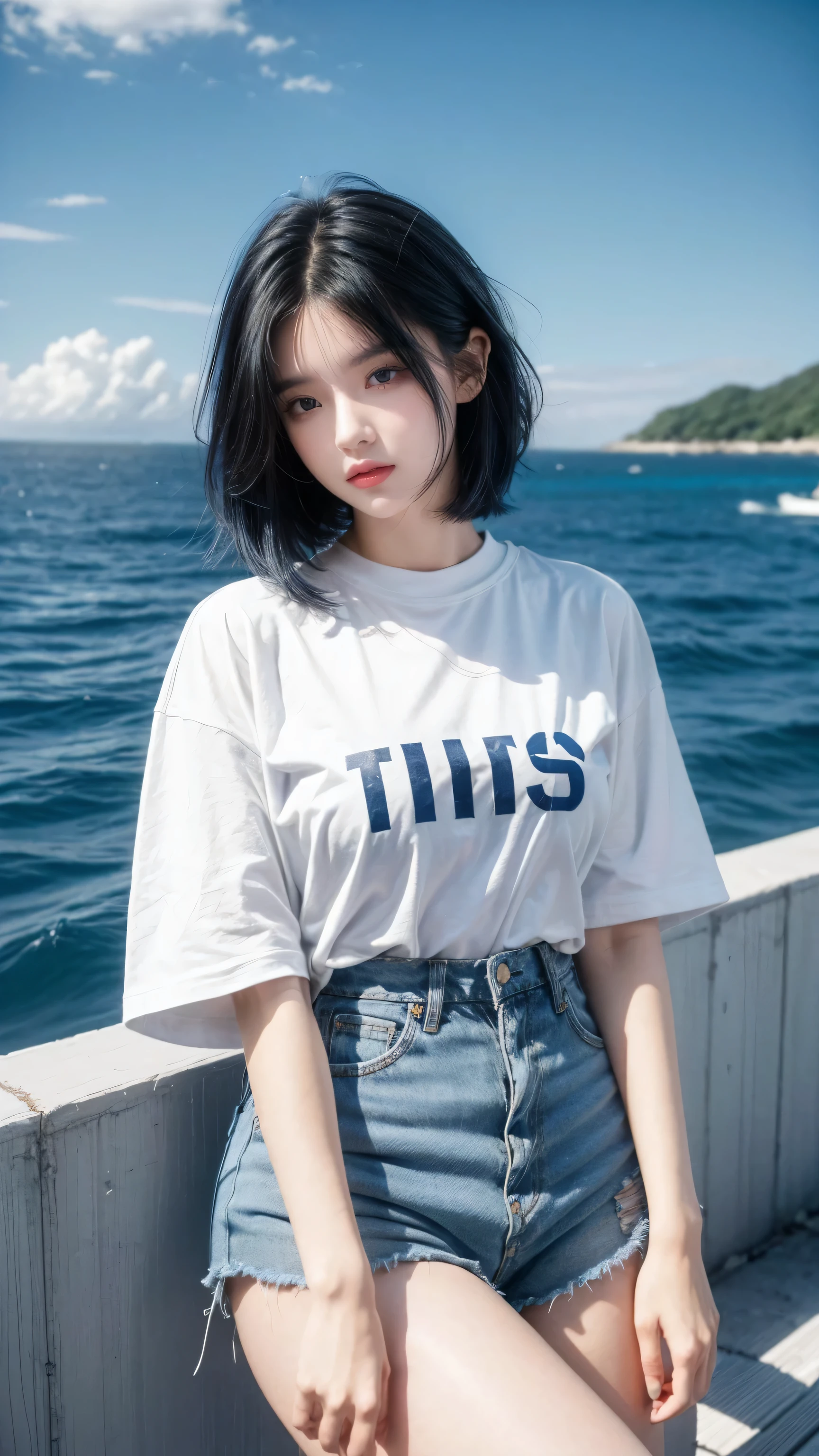 best quality, 1 Girl, dark blue hair, black eyes, Very short hair, Spiky hair, white and red TEXT oversize t-shirt, High waist short jeans, 171 cm, Messy hair, Hair between the eyes, Medium breasts, full, Tomboy, aldult, 20 years old, 1 Girl near white yatch in the sea