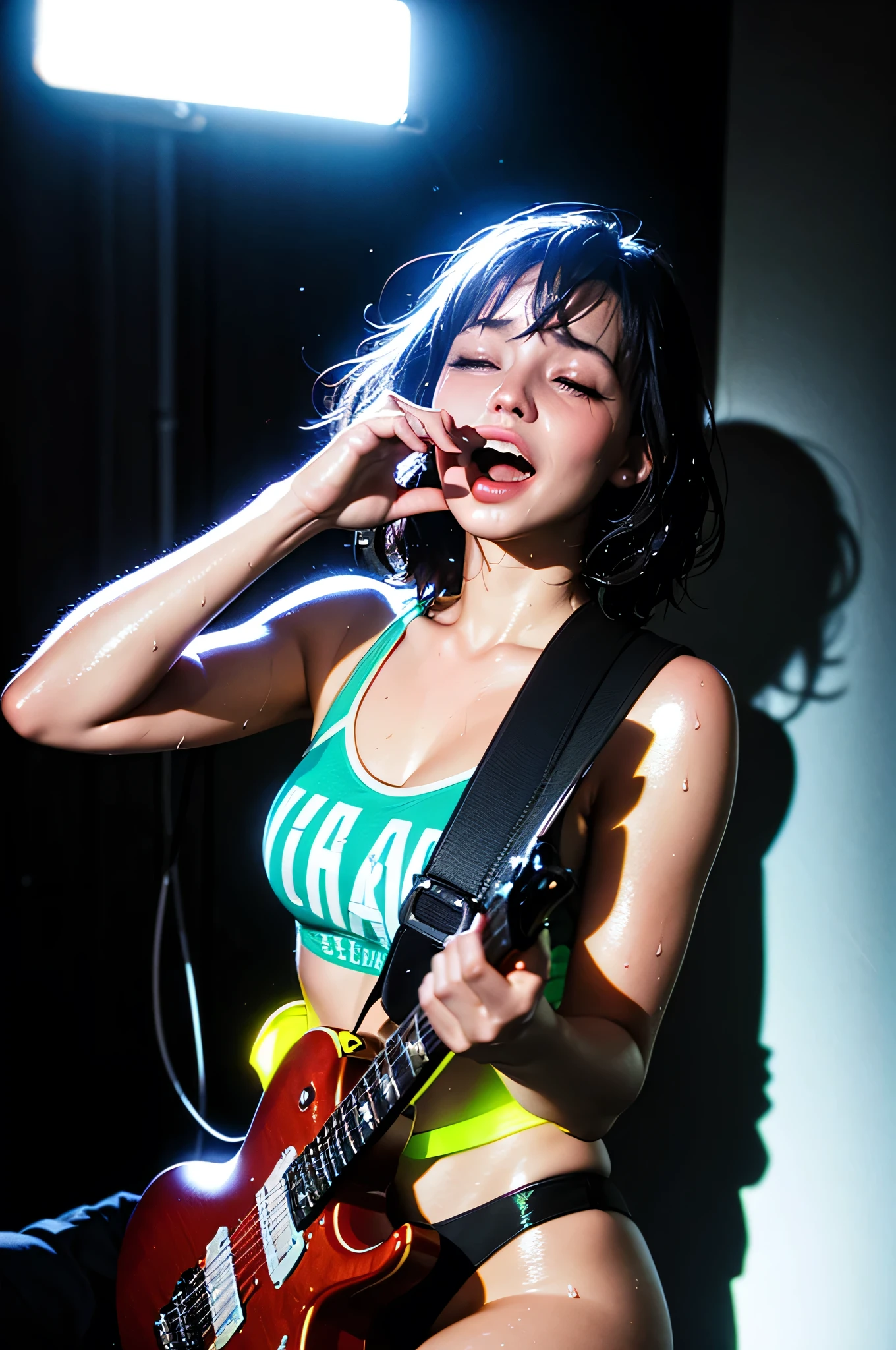 { 1girl, young funk rock star, singing on stage, playing electric guitar, ((cowboy shot)) }, { }, { (neon glowing), (masterpiece), (absurd resolution), (best quality:1.2), (photo realistic:1.6), (Luminous lighting:1.4), (Chiaroscuro:1.4), (Immersive atmosphere:0), (brightened light:0) }, { (open mouth:1.2),close eyes,(weeping), (shiny skin), wet skin, }, { }