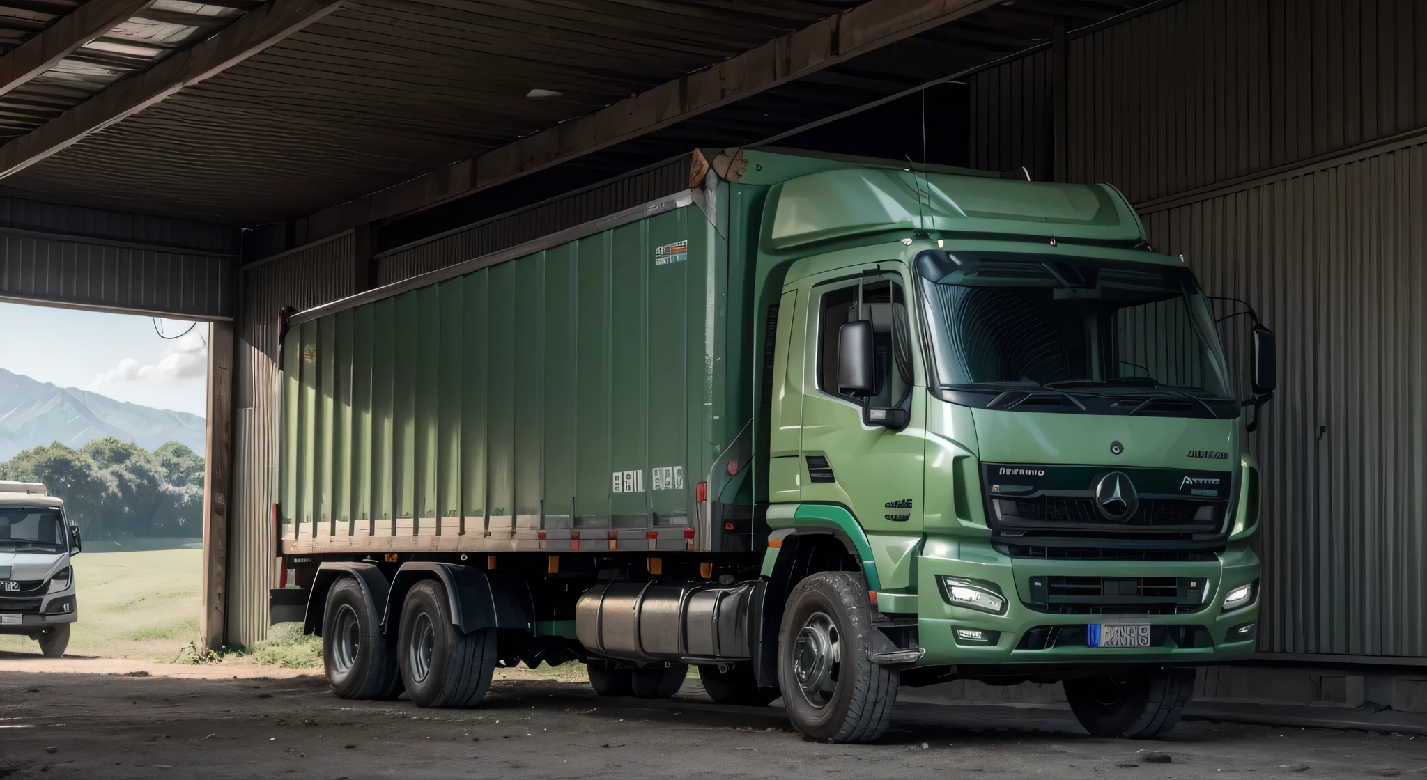 3 trucks coming from the front, front view, 1 mercedez atego green, 1 wolkswagen green,  cor verde, green, melhor qualidade, 4k, luz realista, good lighting, nome "Pereira" desenhado ao lado, big truck with cargo box