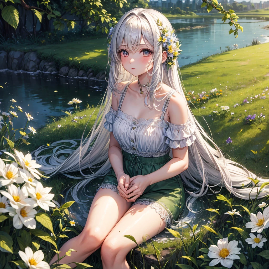 (masterpiece, highest quality), A girl with long white hair sitting in a field with green plants and flowers, Warm moonlight, Blurred foreground, change, River bank, Bra shorts, Strange Eyes
